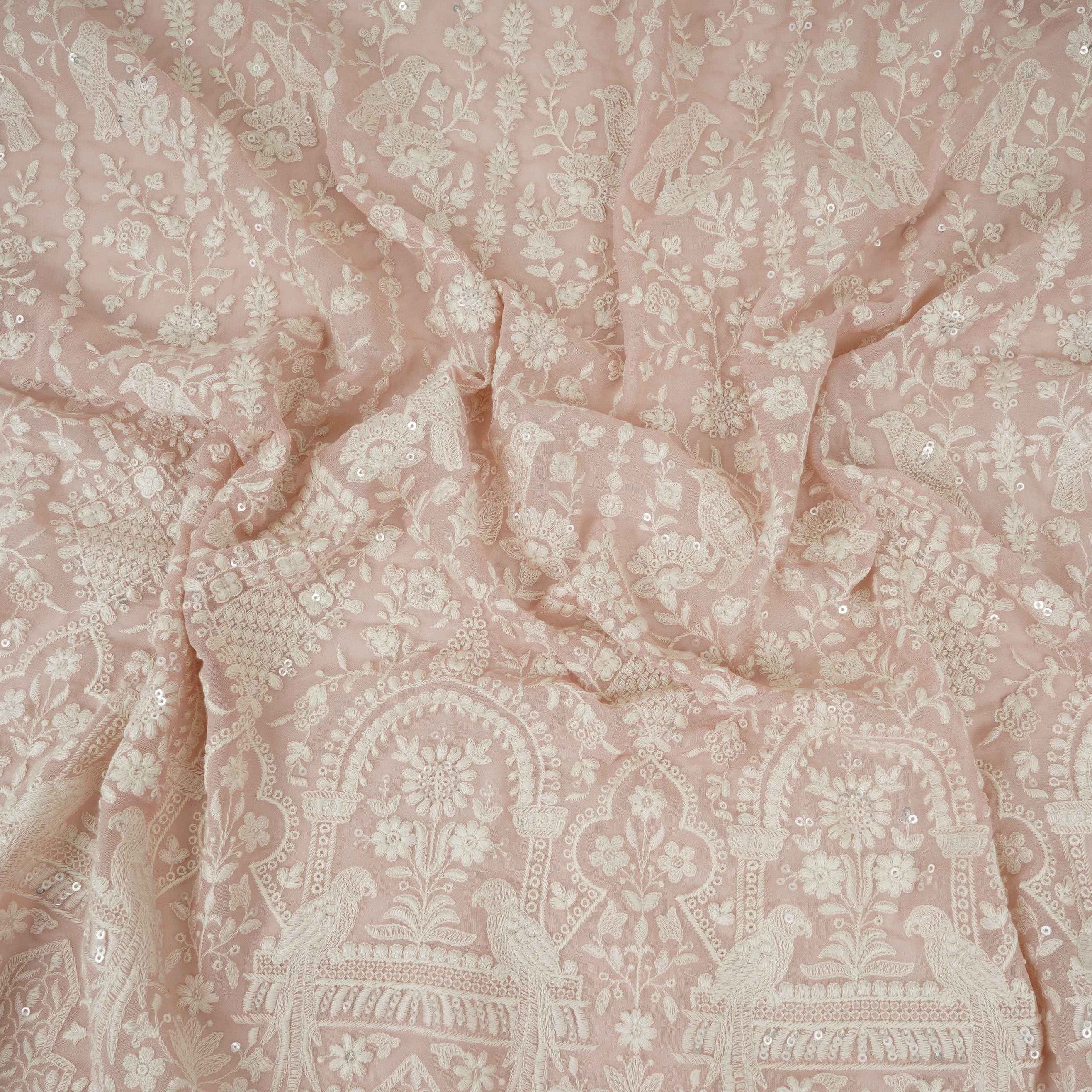 Peach Parsi Gara Embroidery Georgette Fabric DR-32378 - TradeUNO