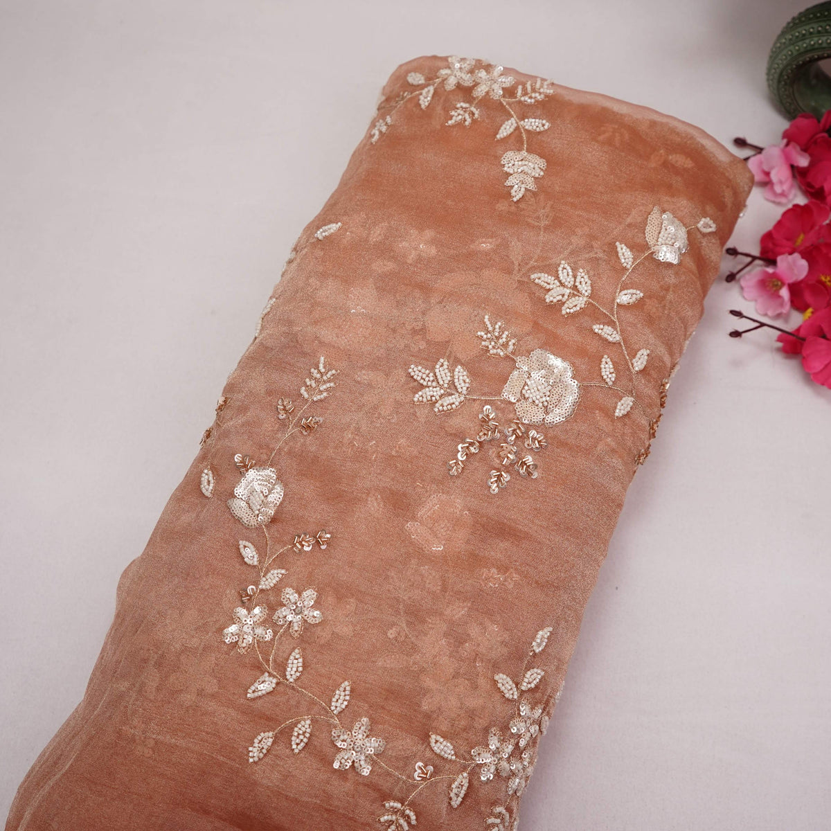 Peach Floral Cutdana Embroidery Fendi Tissue Fabric GT-35273