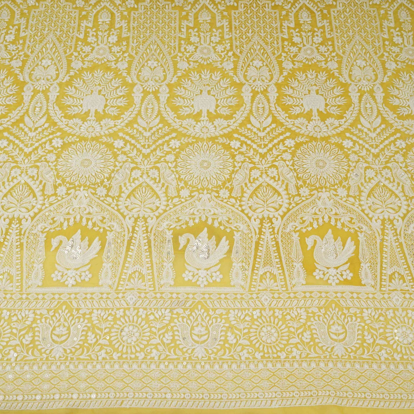 Yellow Parsi Gara Embroidery Georgette Fabric DR-32377