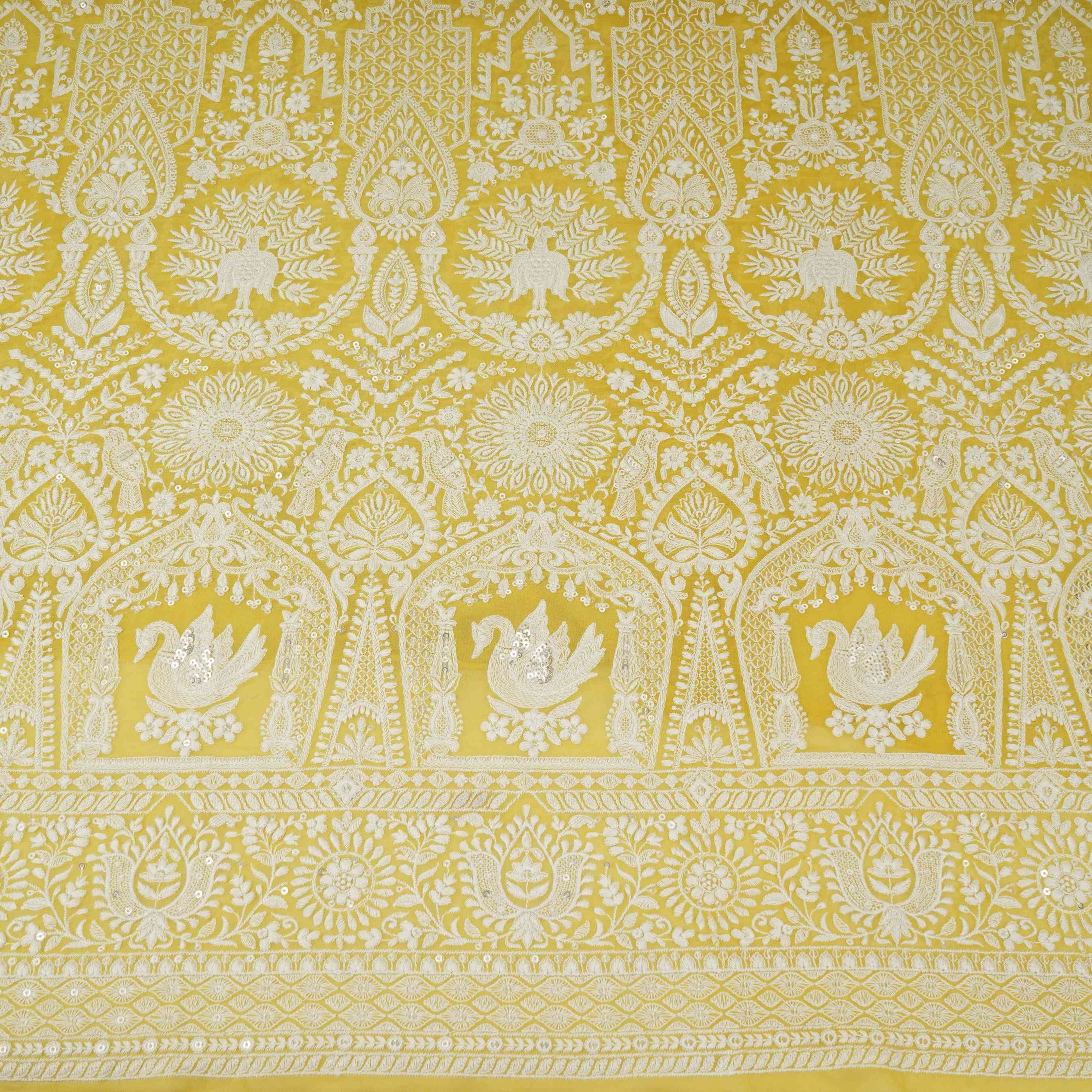 Yellow Parsi Gara Embroidery Georgette Fabric DR-32377 - TradeUNO