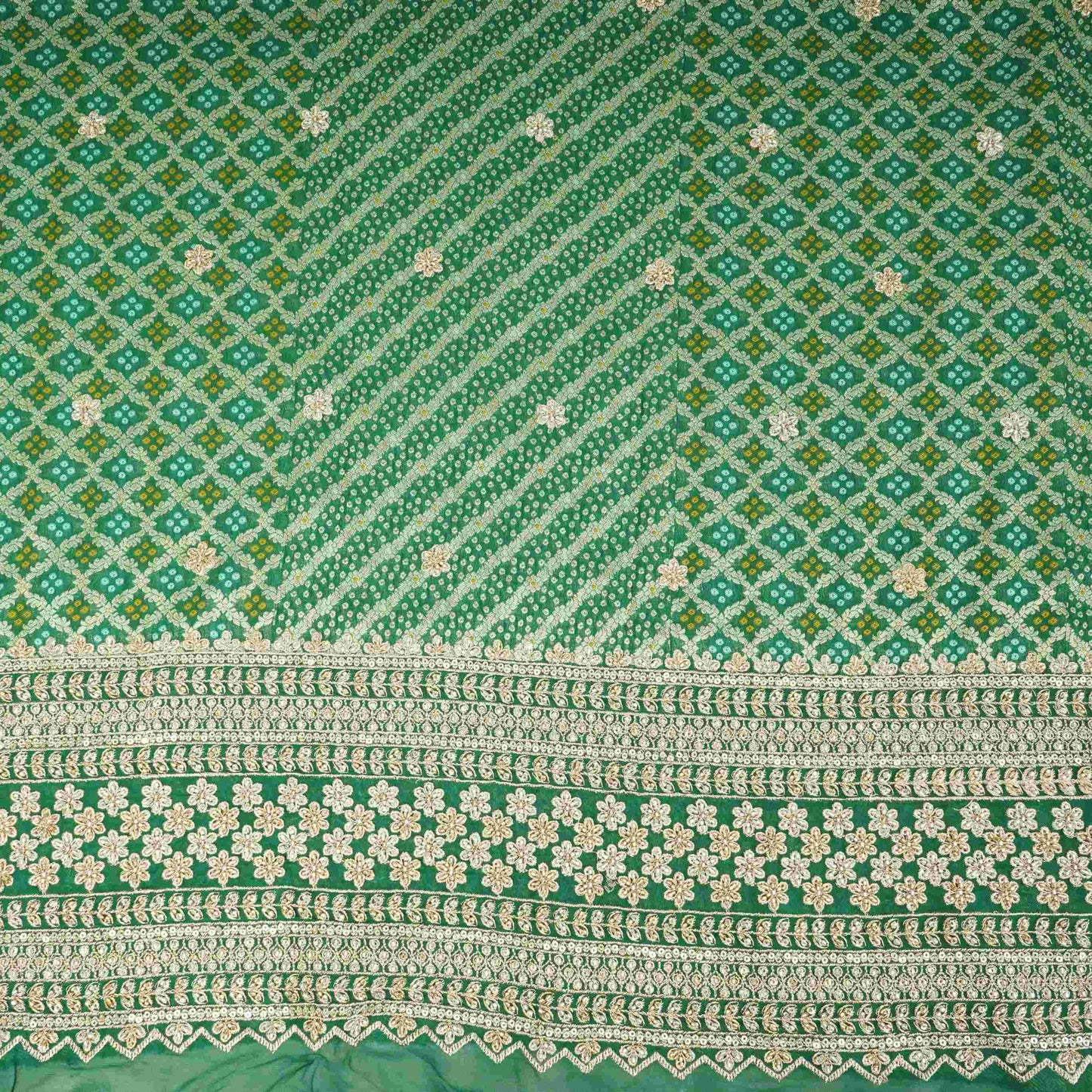 Green Bandhani Jacquard Cutdana Embroidery Russian Silk Fabric TF-32344