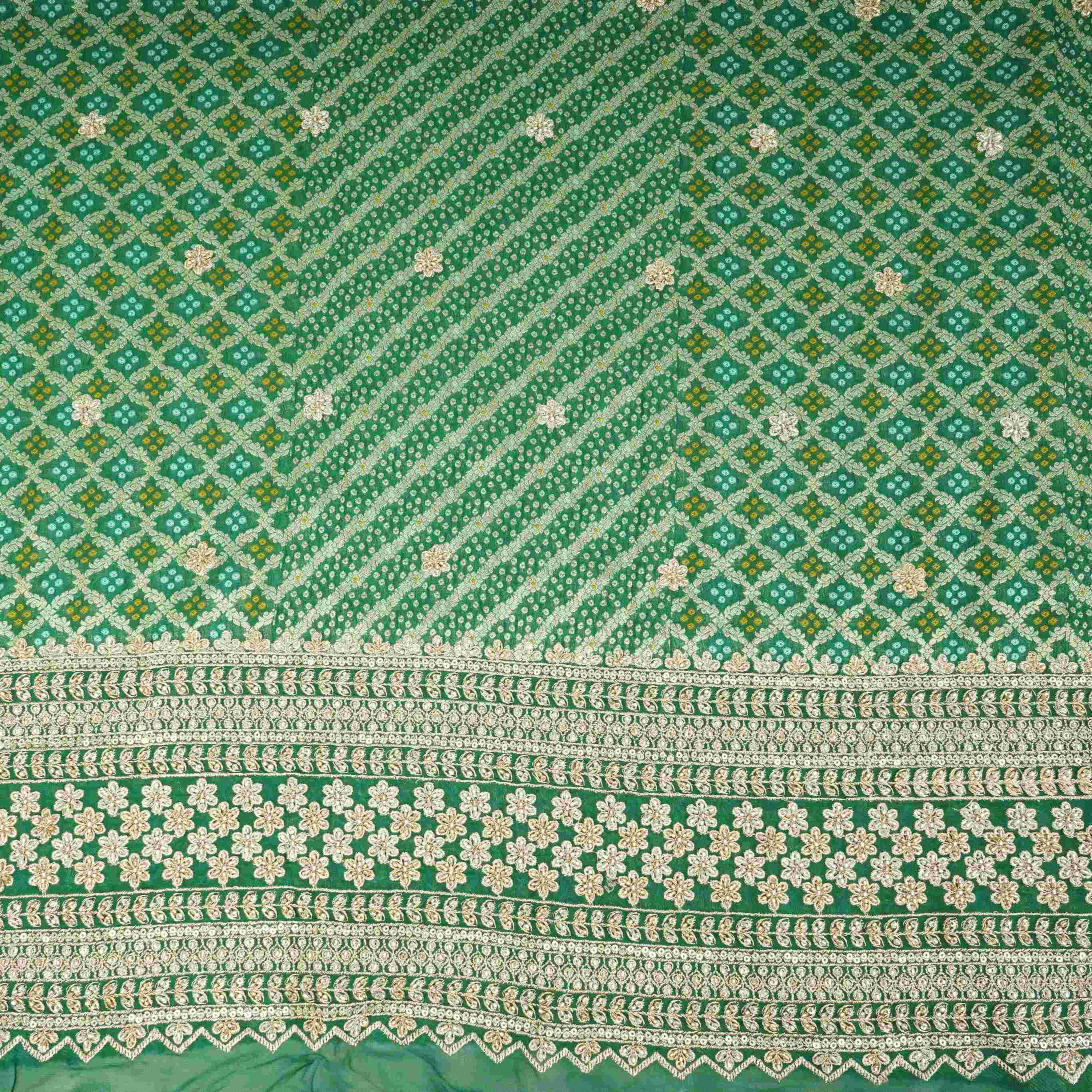 Green Bandhani Jacquard Cutdana Embroidery Russian Silk Fabric TF-32344 - TradeUNO