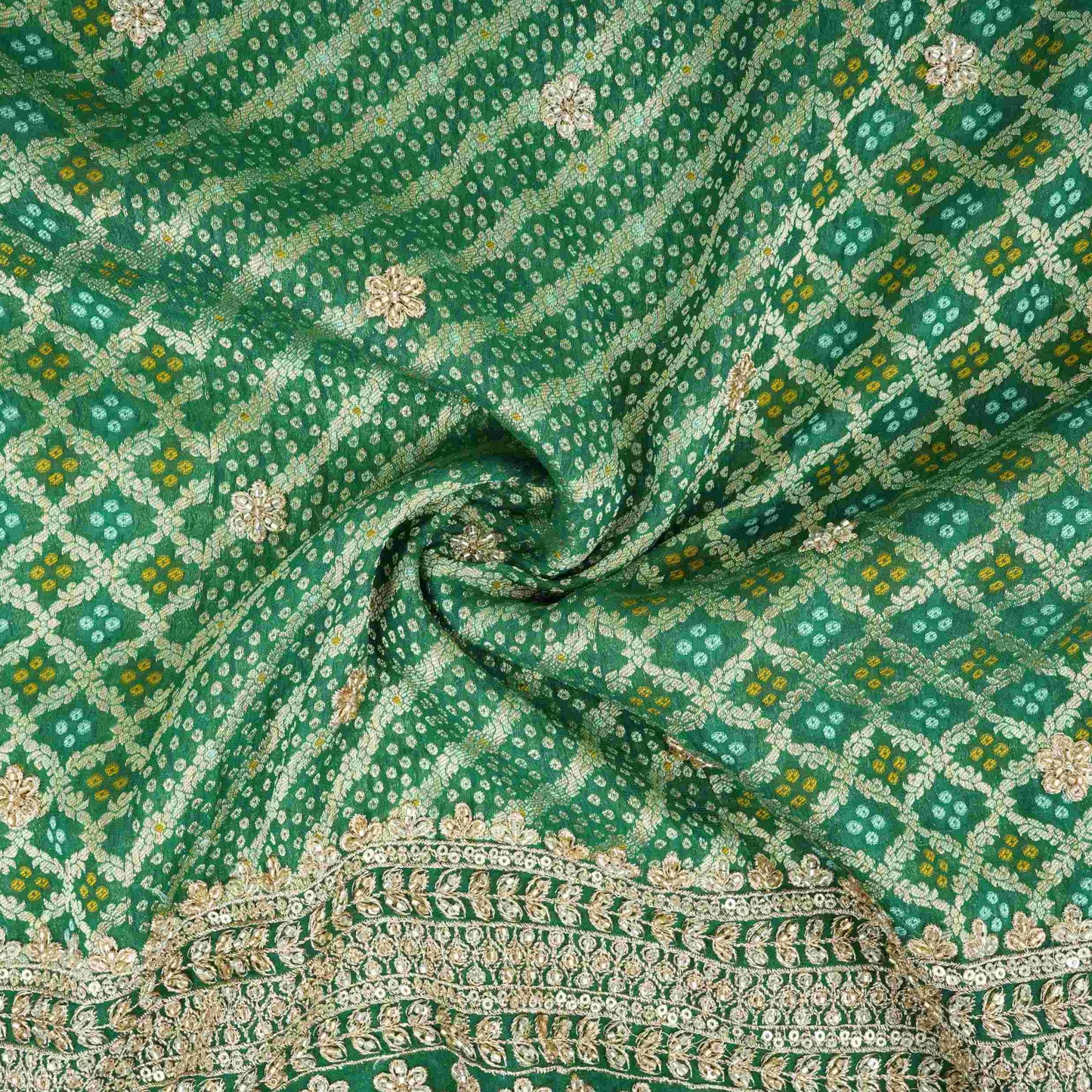 Green Bandhani Jacquard Cutdana Embroidery Russian Silk Fabric TF-32344