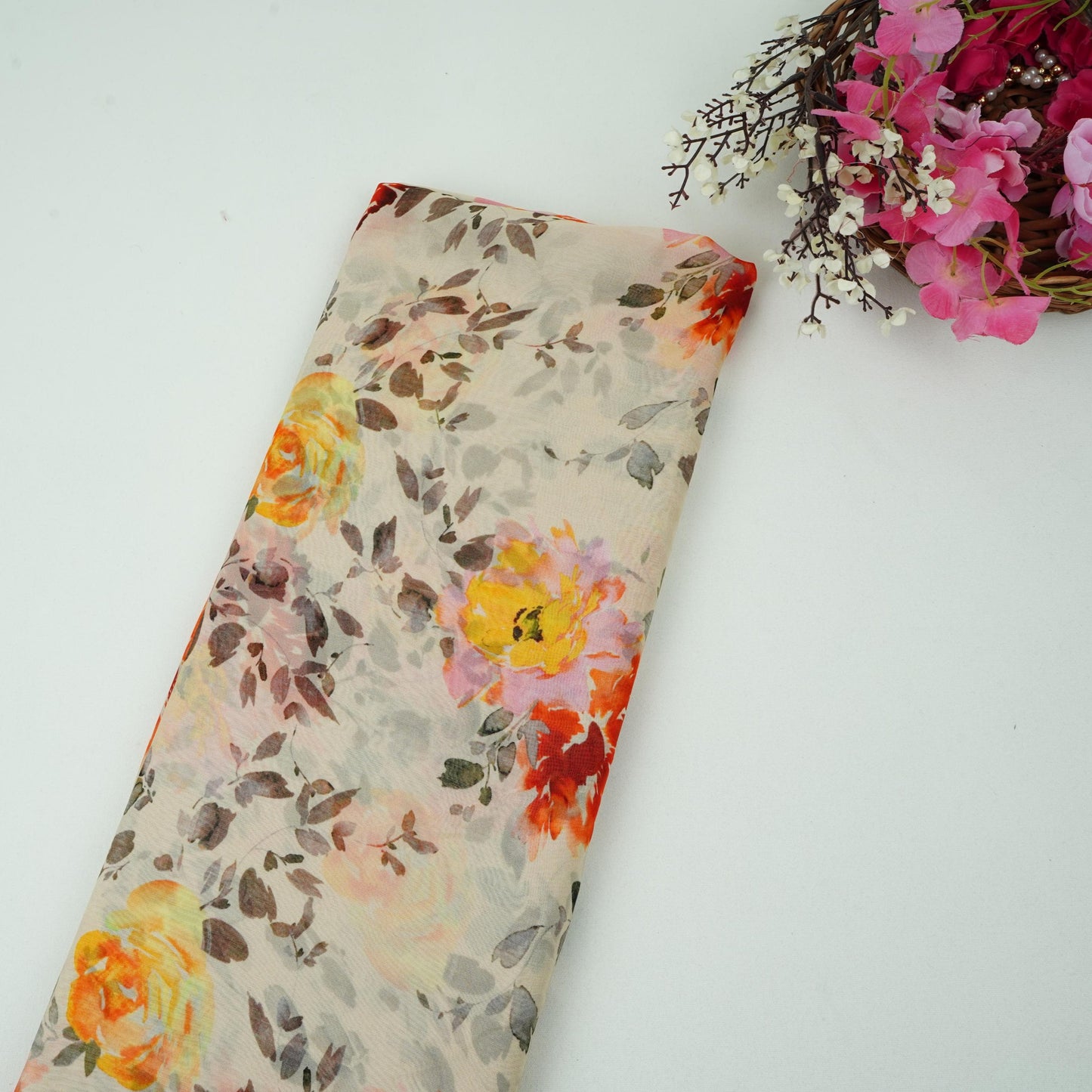 Cream floral print Organza Fabric VP-32004