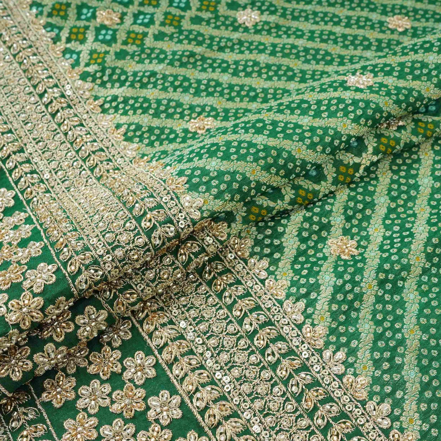 Green Bandhani Jacquard Cutdana Embroidery Russian Silk Fabric TF-32344