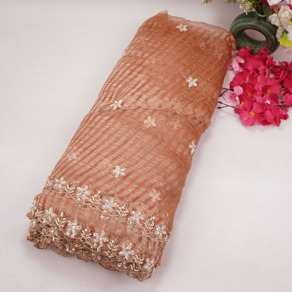 Peach Floral Buti Embroidery with Stripes Fendi Tissue Fabric GT-35277