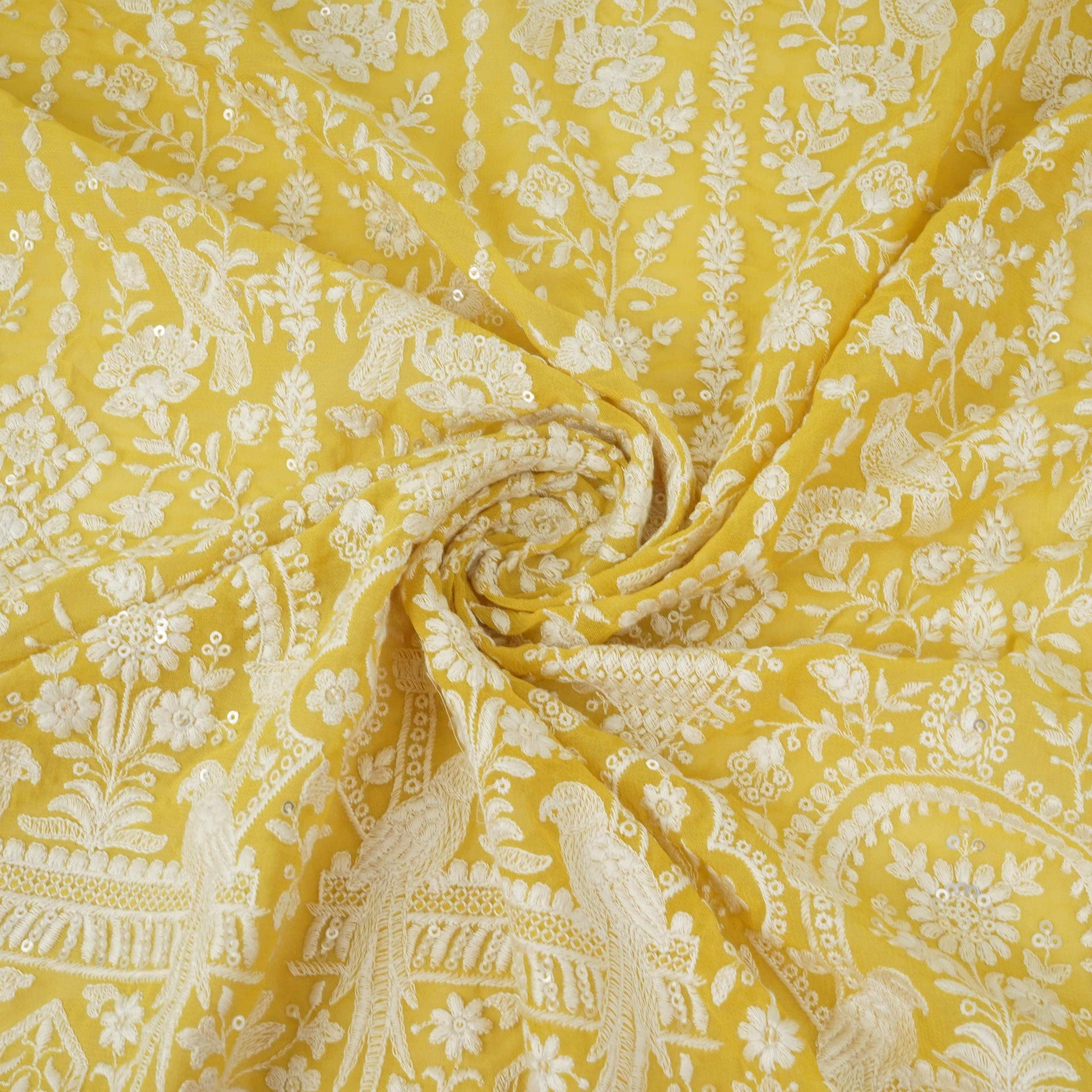 Yellow Parsi Gara Embroidery Georgette Fabric DR-32377 - TradeUNO