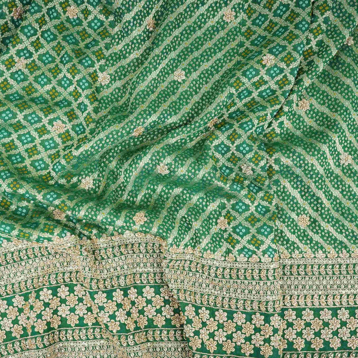 Green Bandhani Jacquard Cutdana Embroidery Russian Silk Fabric TF-32344