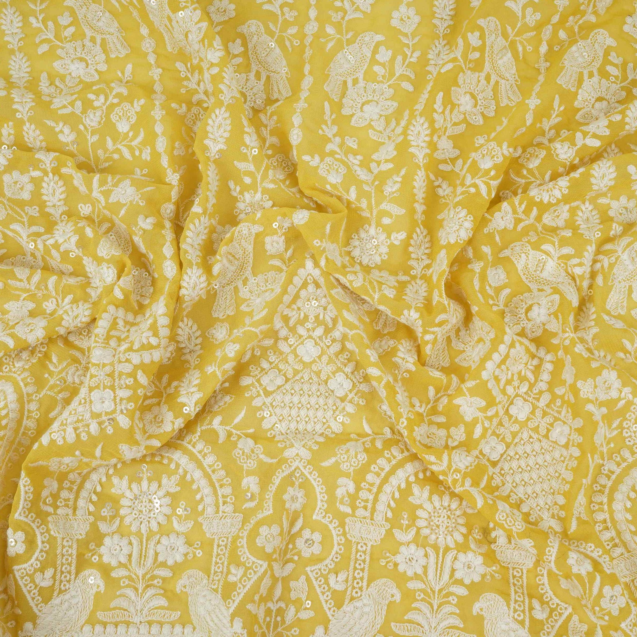 Yellow Parsi Gara Embroidery Georgette Fabric DR-32377 - TradeUNO