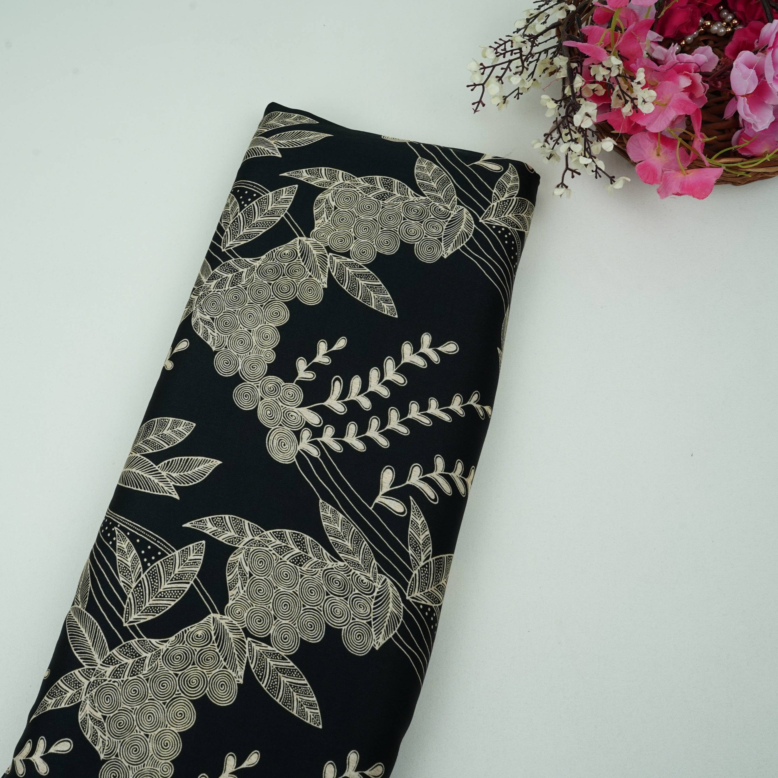 Black with Cream floral print Modal Satin Fabric VP-31995