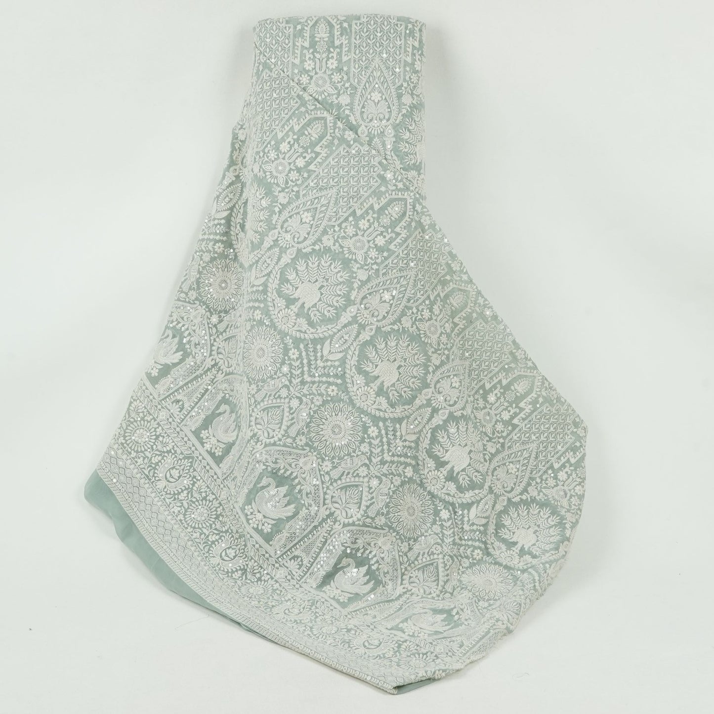 Light Grey Parsi Gara Embroidery Georgette Fabric DR-32376
