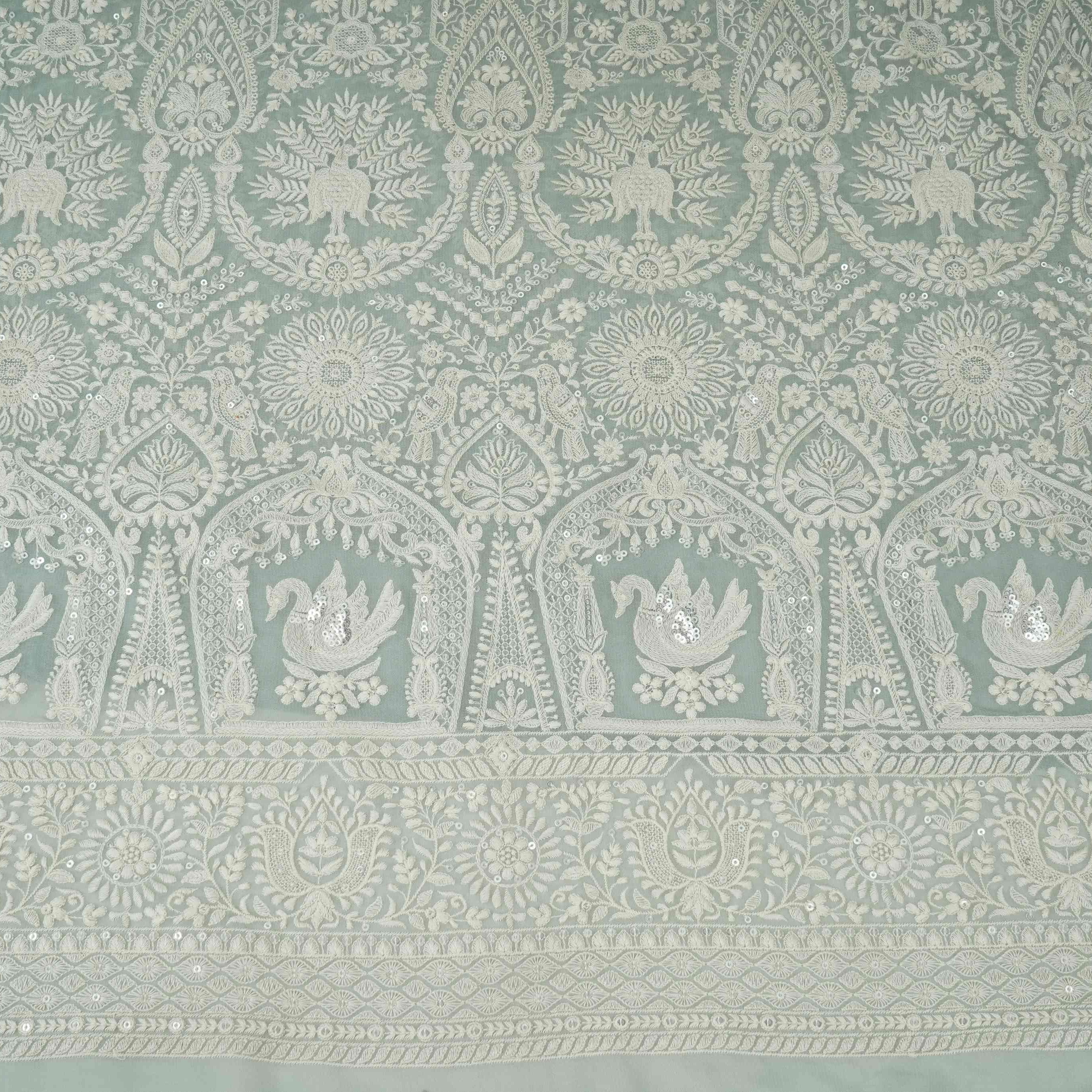 Light Grey Parsi Gara Embroidery Georgette Fabric DR-32376 - TradeUNO