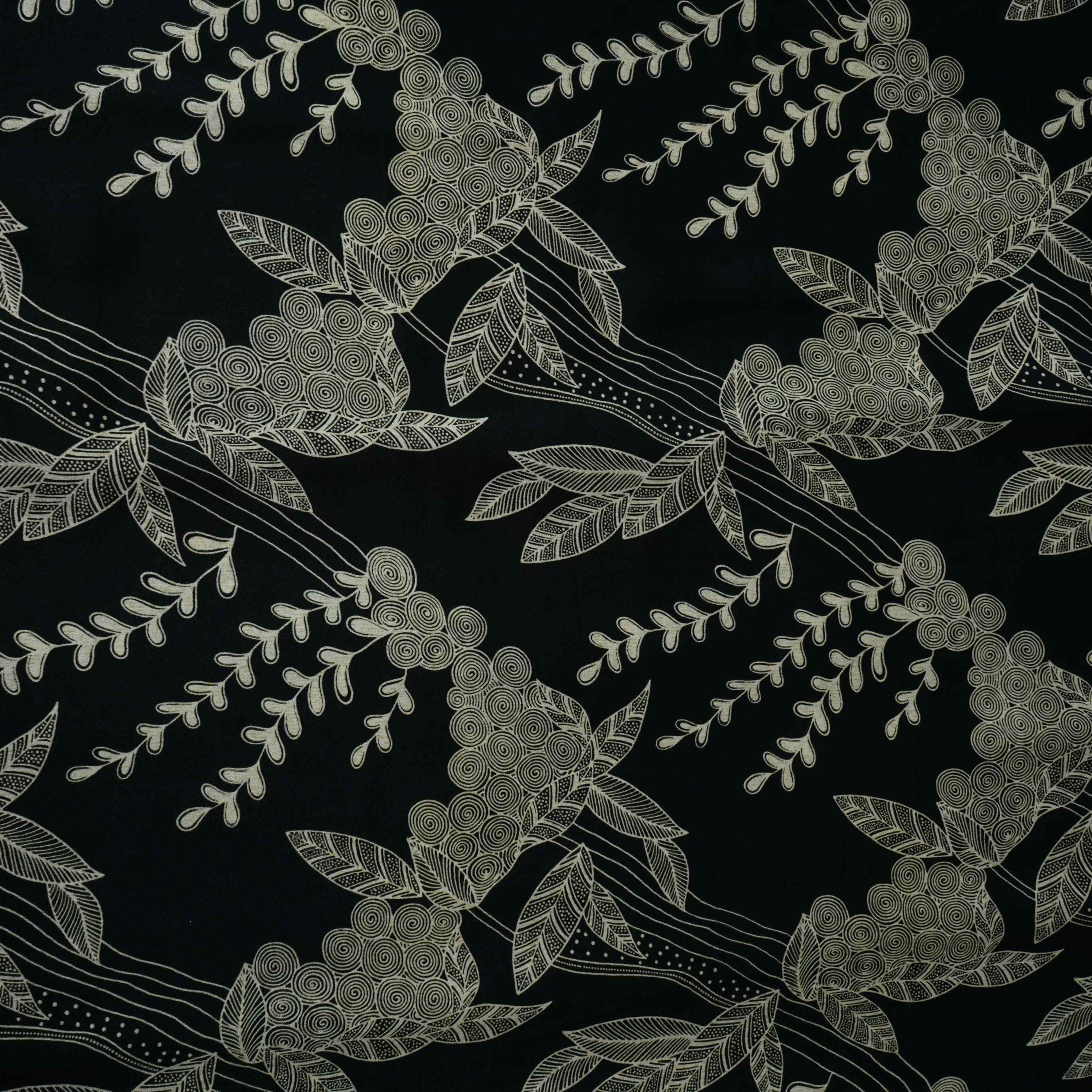 Black with Cream floral print Modal Satin Fabric VP-31995