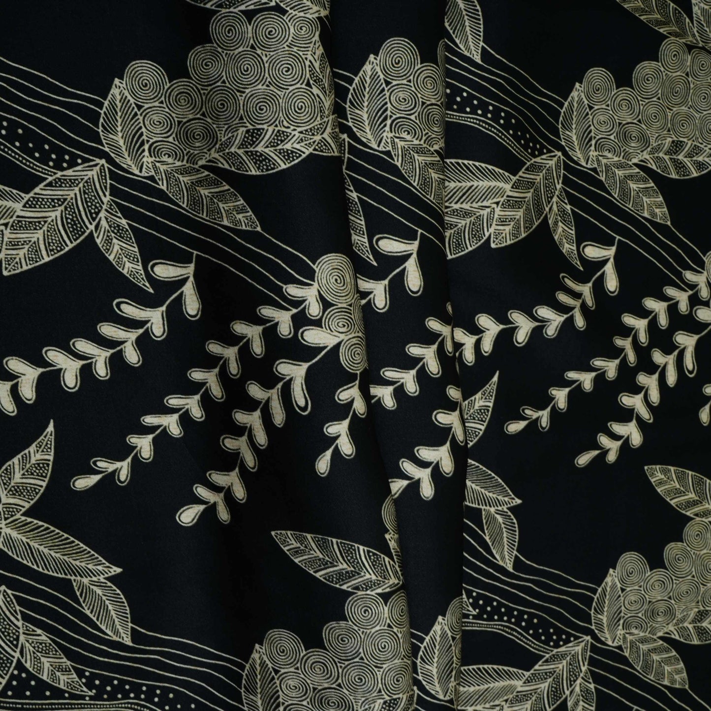 Black with Cream floral print Modal Satin Fabric VP-31995