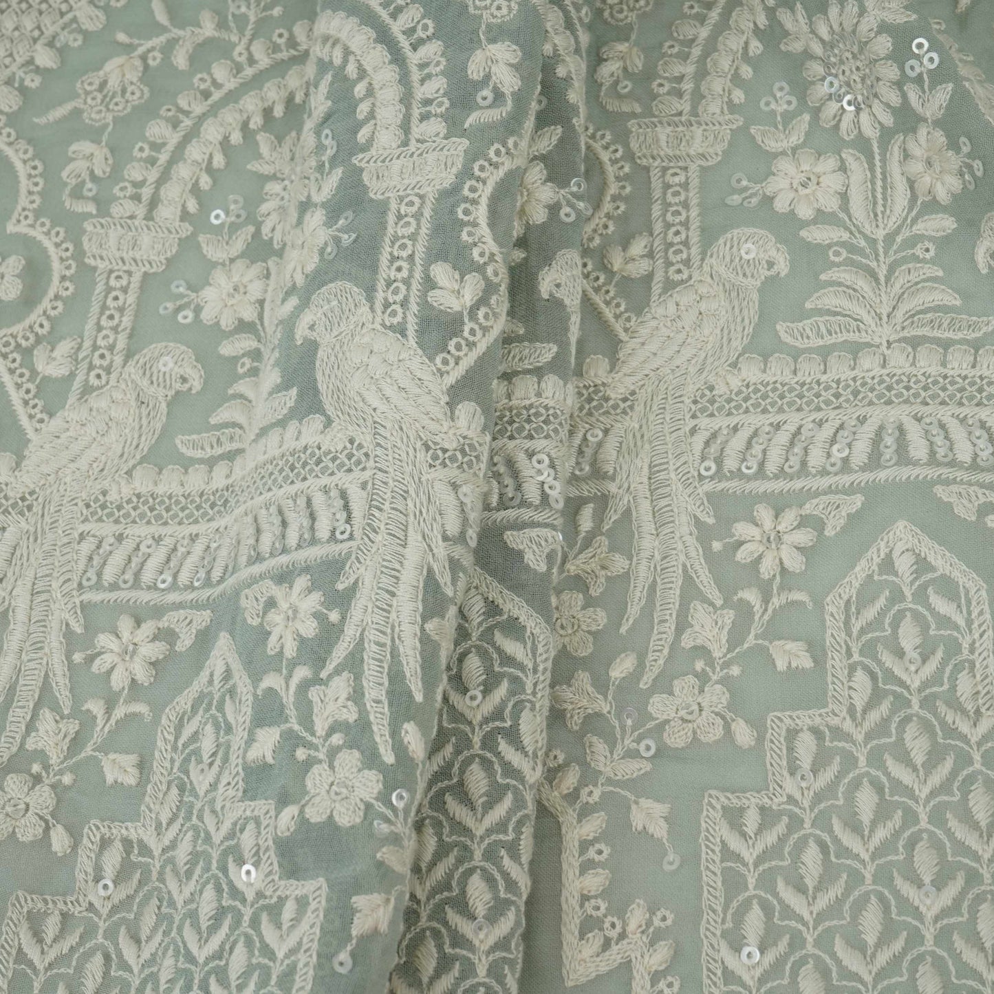 Light Grey Parsi Gara Embroidery Georgette Fabric DR-32376