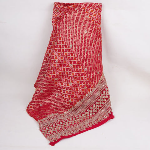Red Bandhani Jacquard Cutdana Embroidery Russian Silk Fabric TF-32345