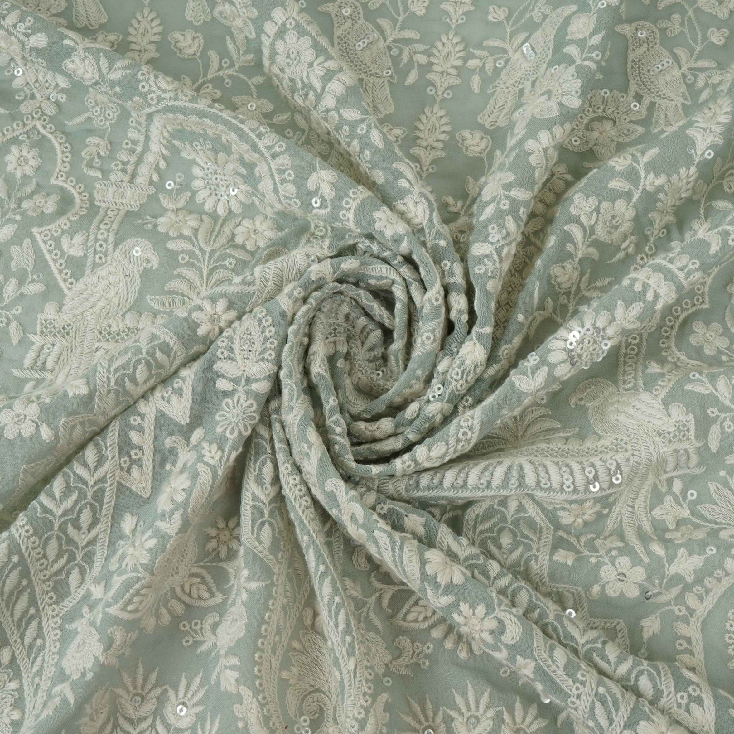 Light Grey Parsi Gara Embroidery Georgette Fabric DR-32376 - TradeUNO
