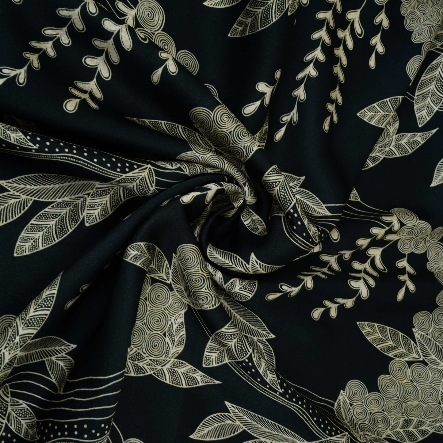 Black with Cream floral print Modal Satin Fabric VP-31995