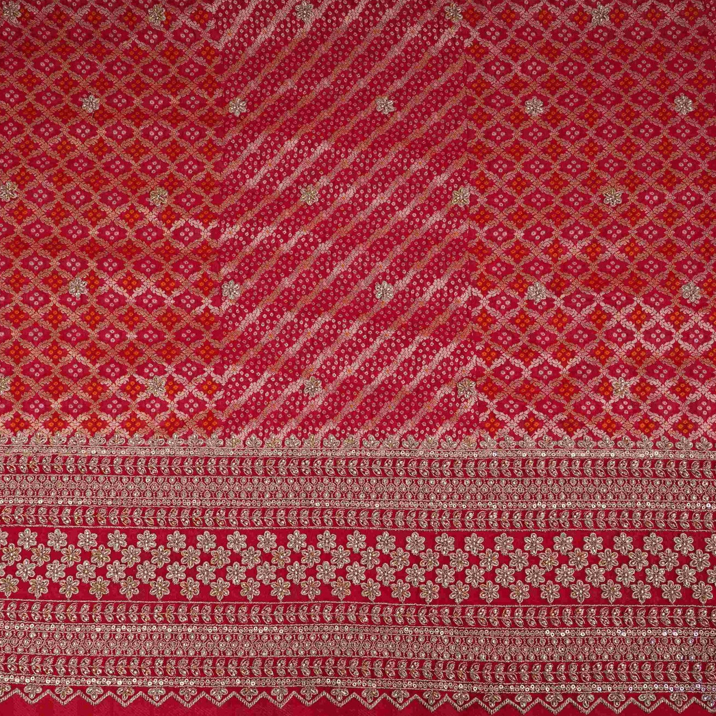 Red Bandhani Jacquard Cutdana Embroidery Russian Silk Fabric TF-32345
