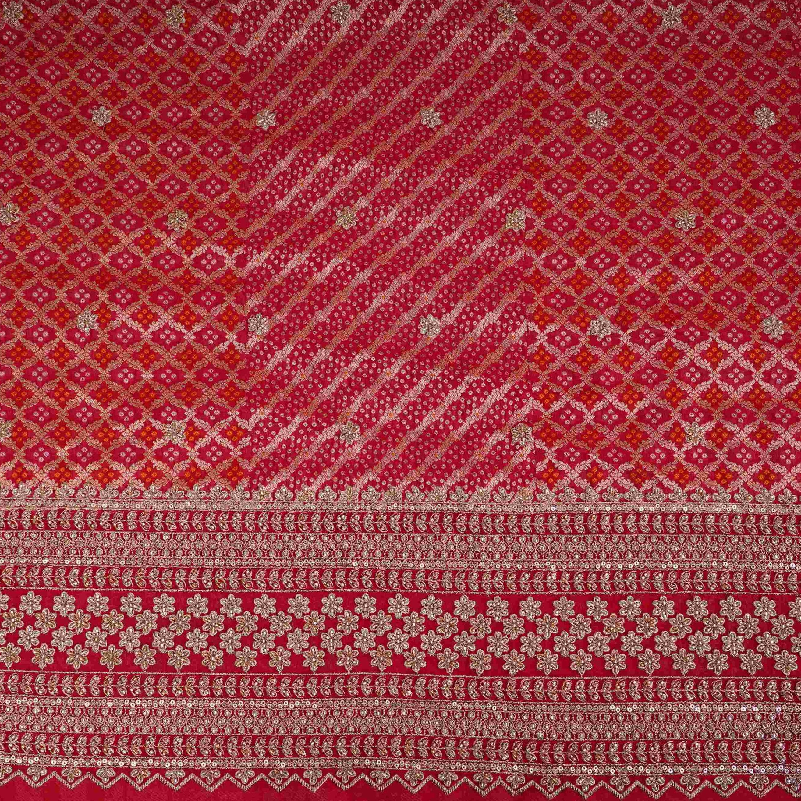 Red Bandhani Jacquard Cutdana Embroidery Russian Silk Fabric TF-32345 - TradeUNO