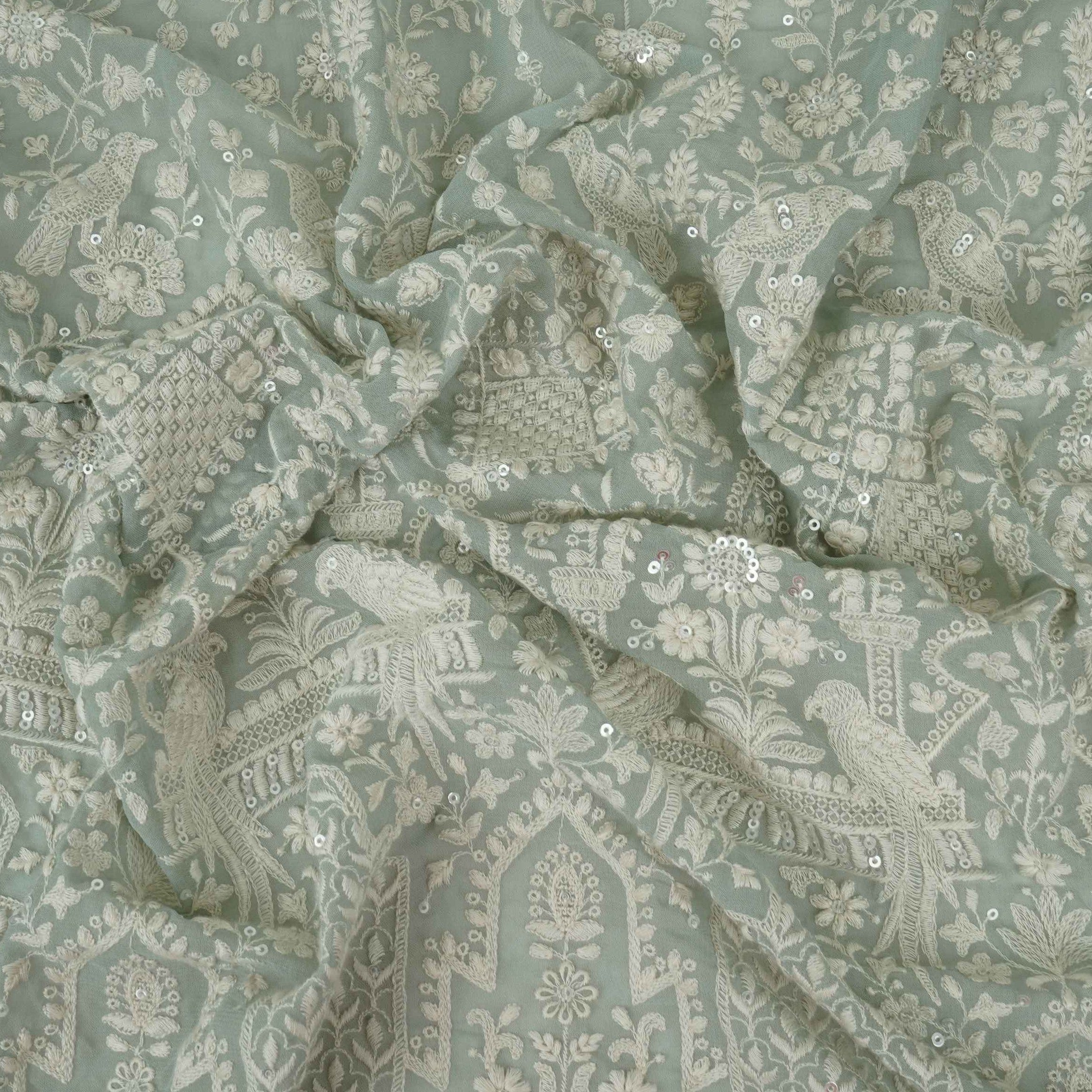 Light Grey Parsi Gara Embroidery Georgette Fabric DR-32376 - TradeUNO