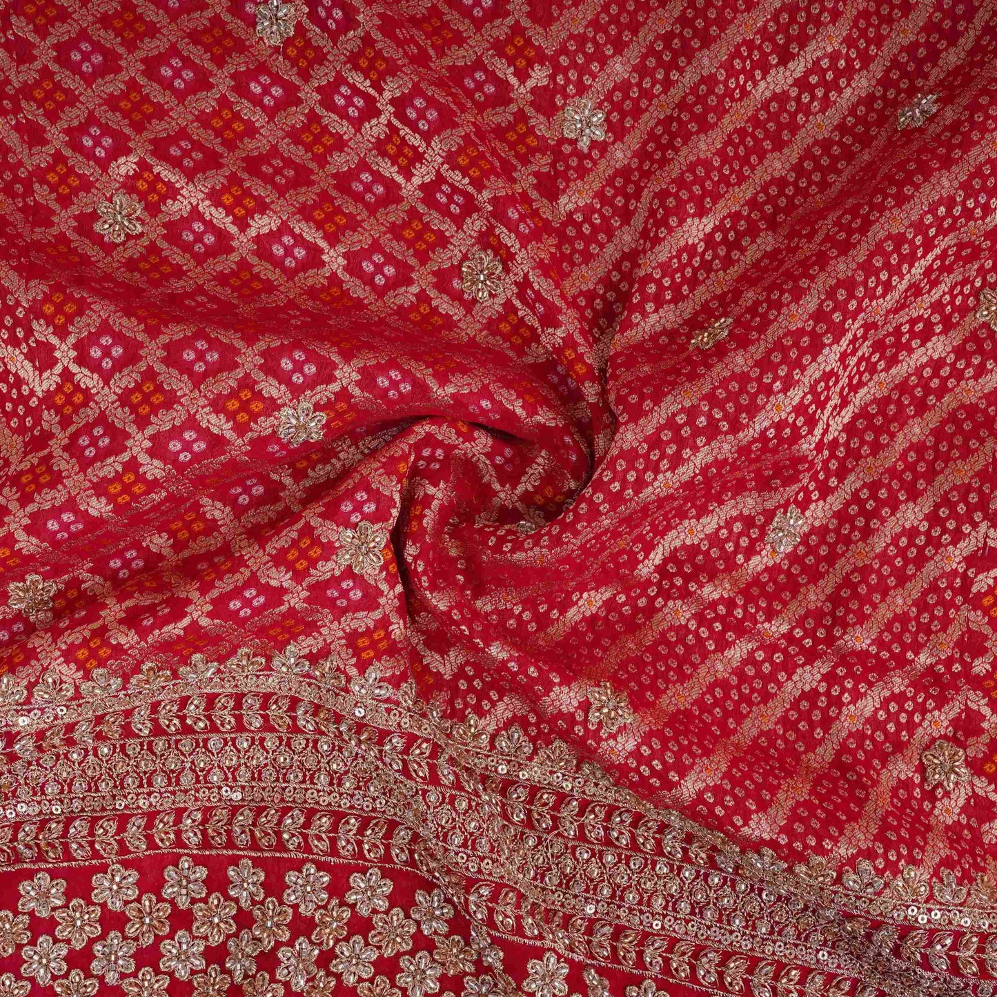 Red Bandhani Jacquard Cutdana Embroidery Russian Silk Fabric TF-32345