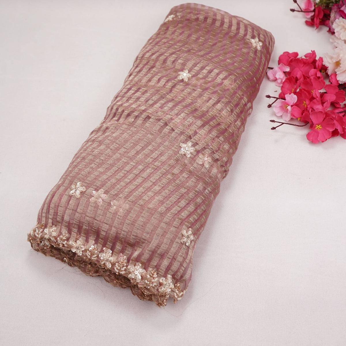 Purple Floral Buti Embroidery with Stripes Fendi Tissue Fabric GT-35275