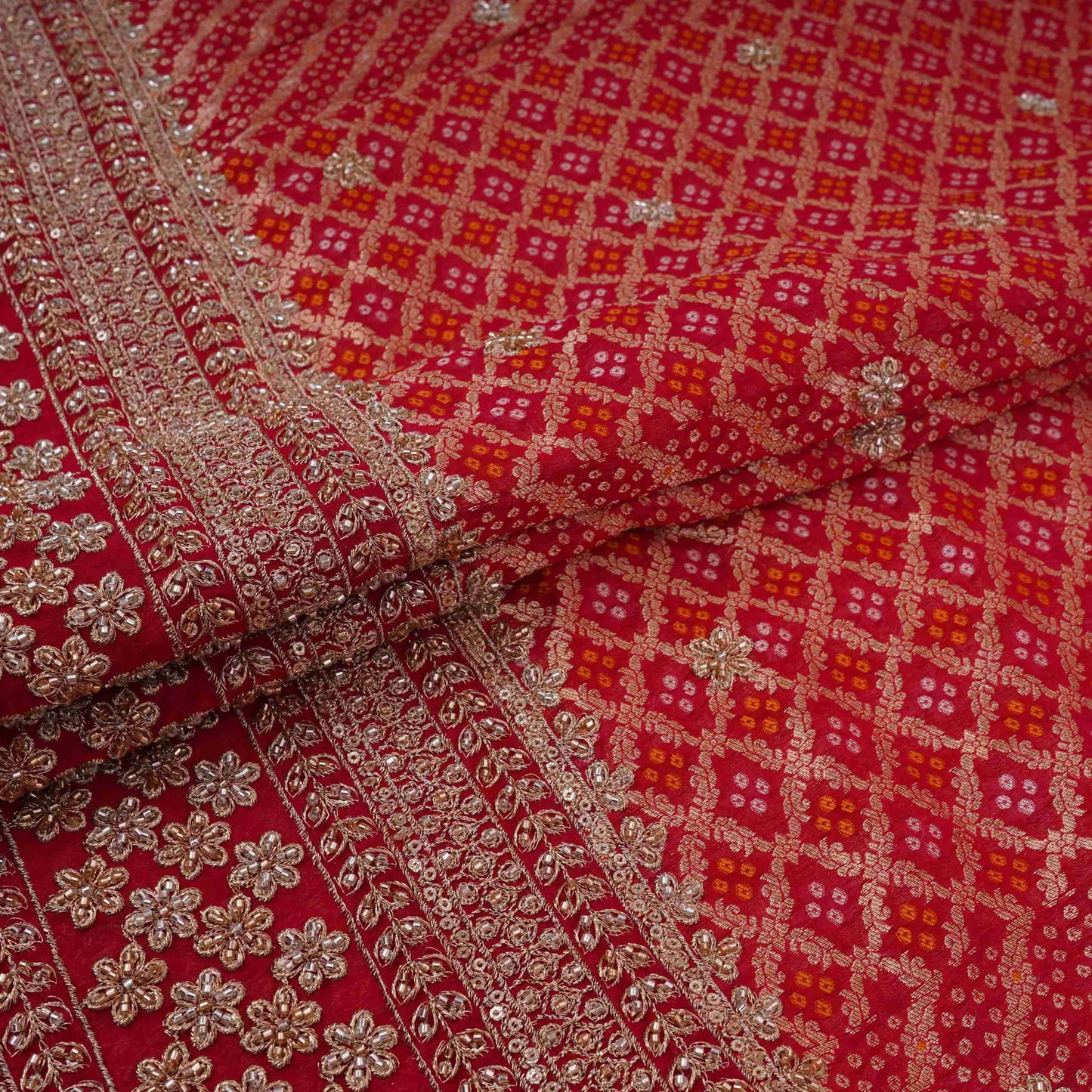 Red Bandhani Jacquard Cutdana Embroidery Russian Silk Fabric TF-32345