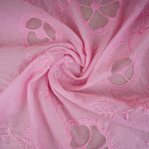 Pink Floral Embroidery Mul Chanderi Fabric DC-30516