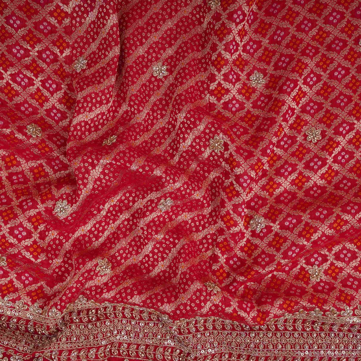 Red Bandhani Jacquard Cutdana Embroidery Russian Silk Fabric TF-32345