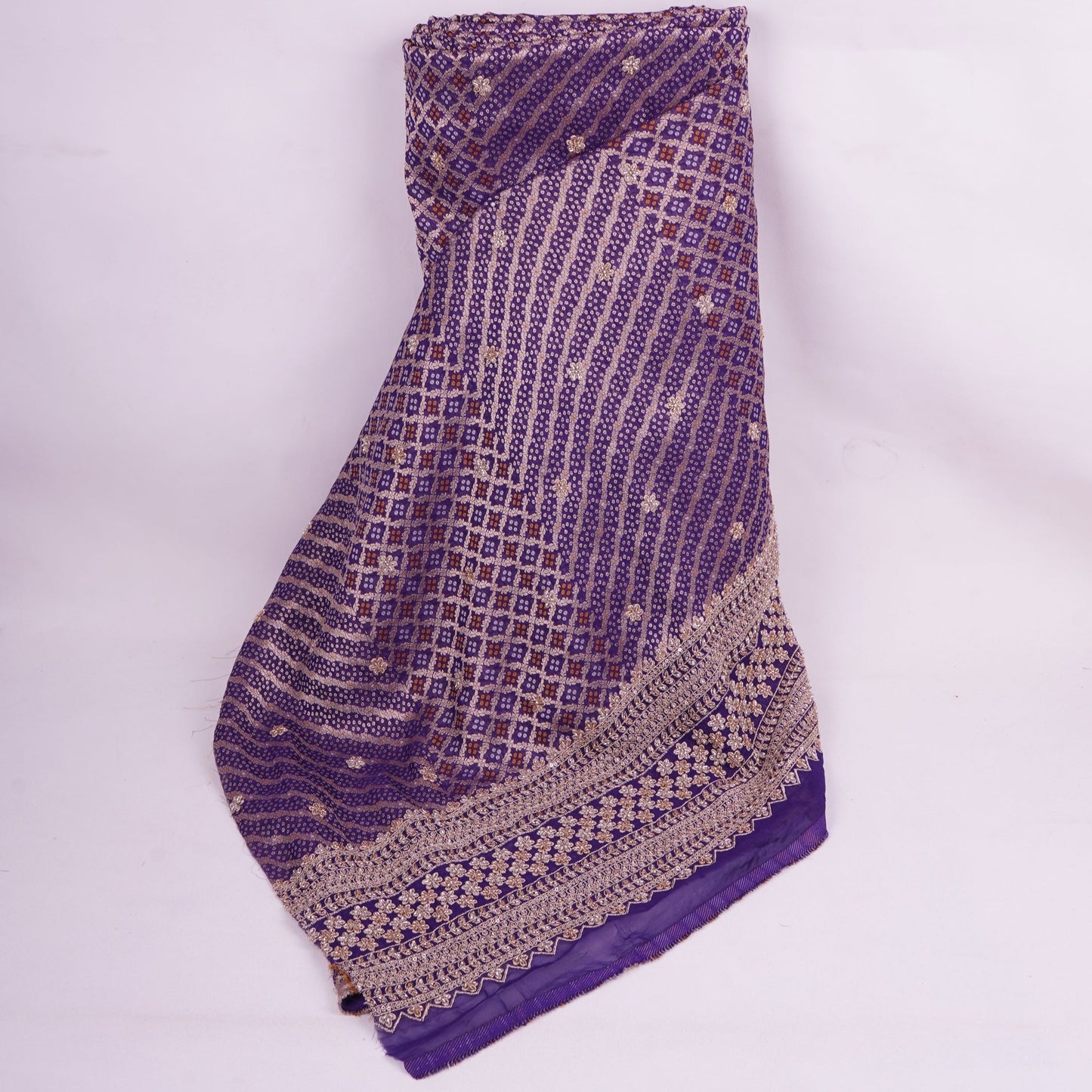 Purple Bandhani Jacquard Cutdana Embroidery Russian Silk Fabric TF-32343