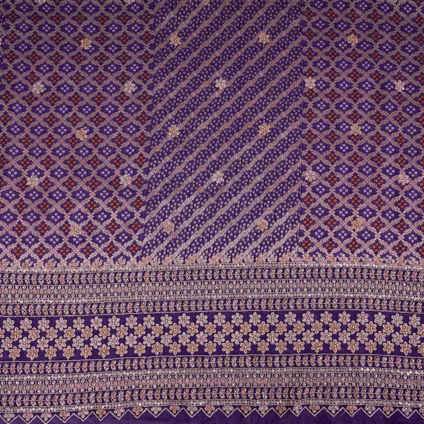 Purple Bandhani Jacquard Cutdana Embroidery Russian Silk Fabric TF-32343