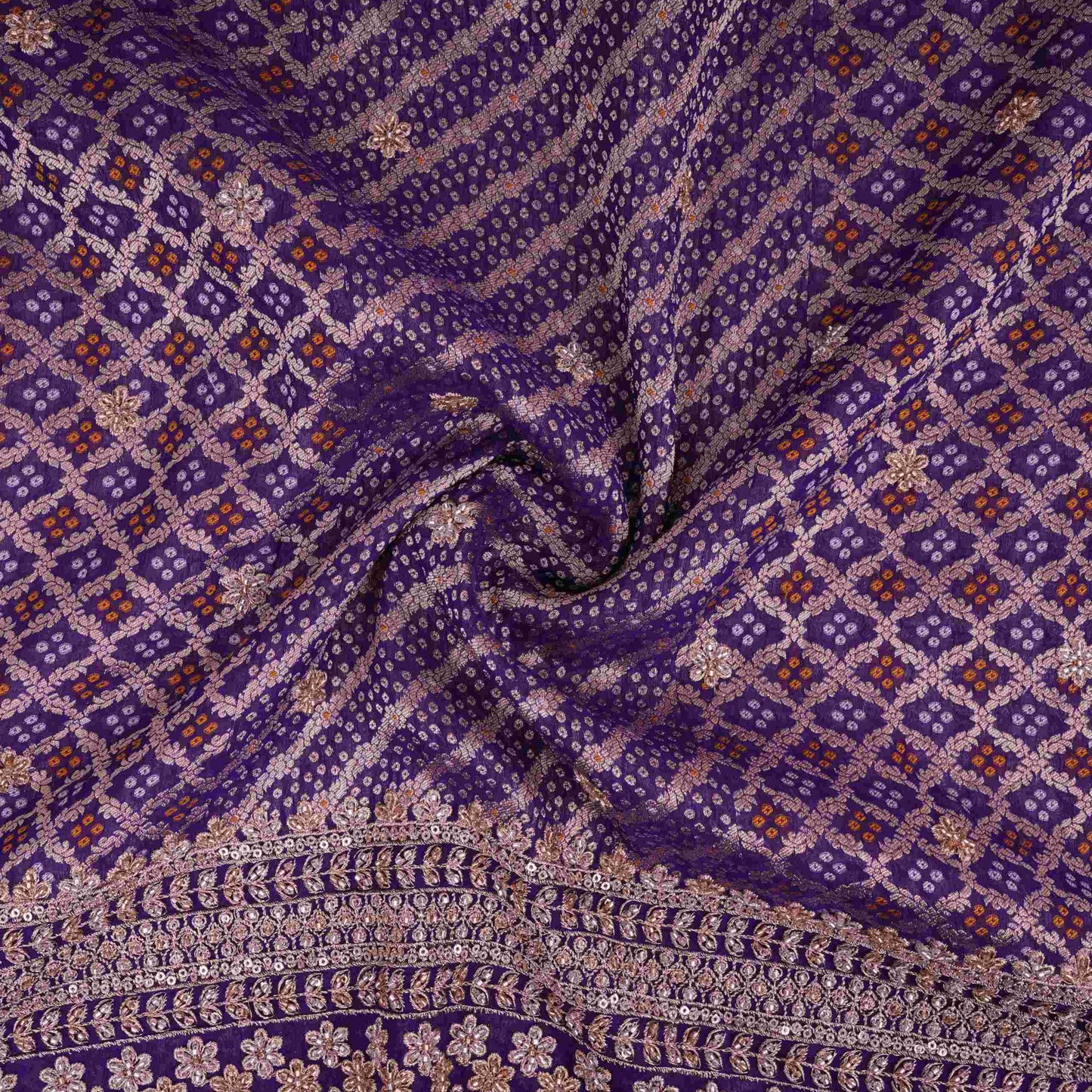 Purple Bandhani Jacquard Cutdana Embroidery Russian Silk Fabric TF-32343