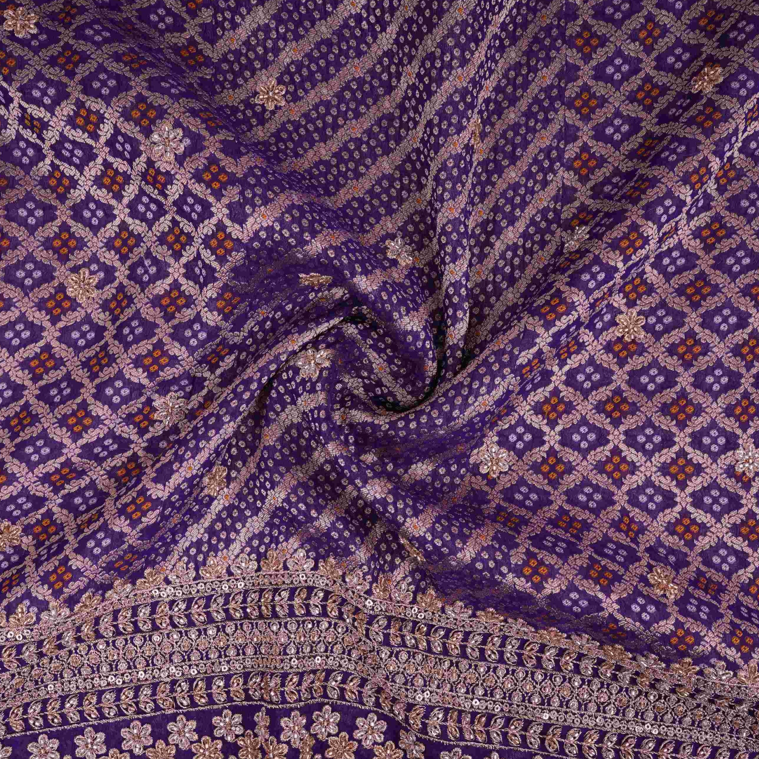 Purple Bandhani Jacquard Cutdana Embroidery Russian Silk Fabric TF-32343 - TradeUNO