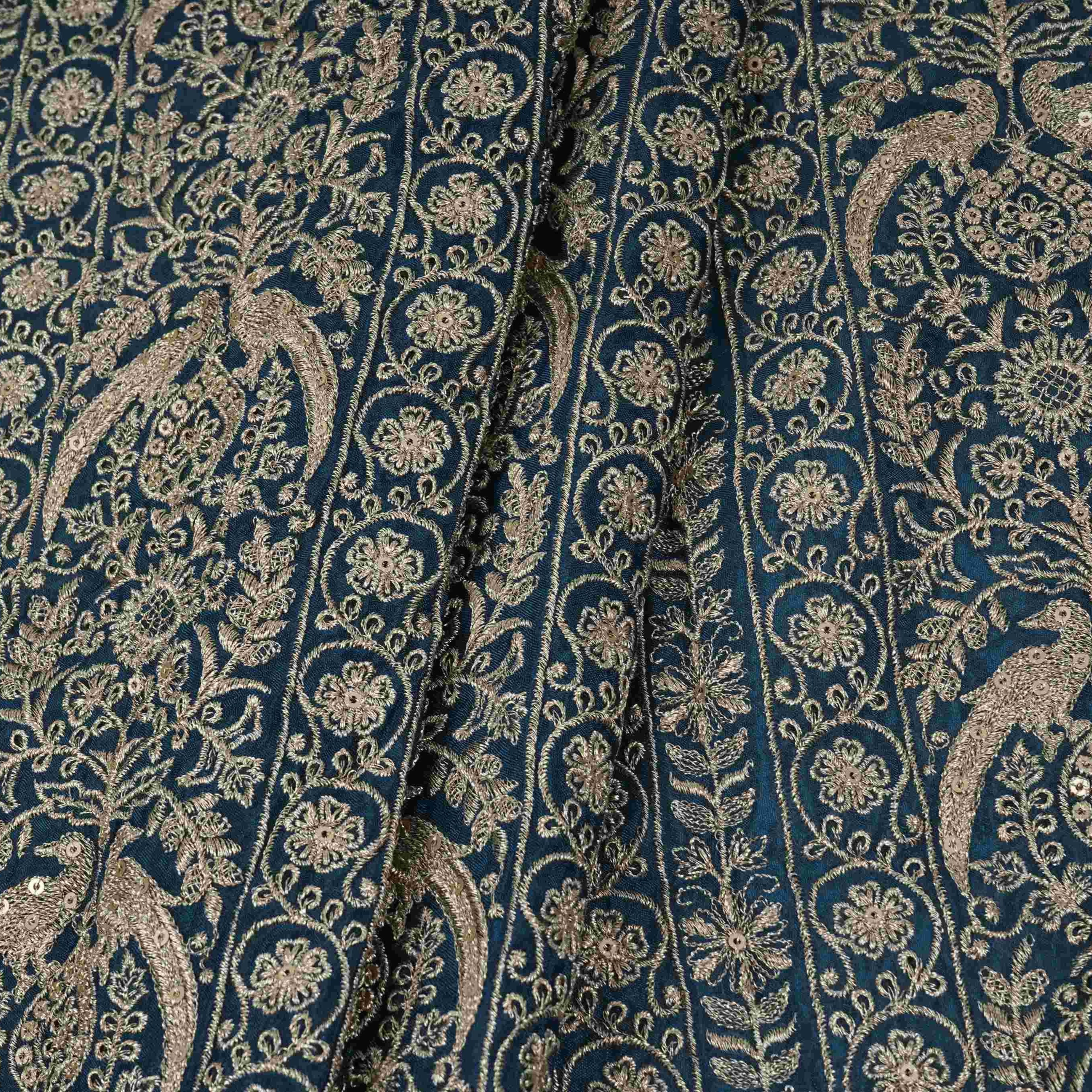 Blue Heavy Zari Sequins Embroidery Chinon Fabric DR-32399 - TradeUNO