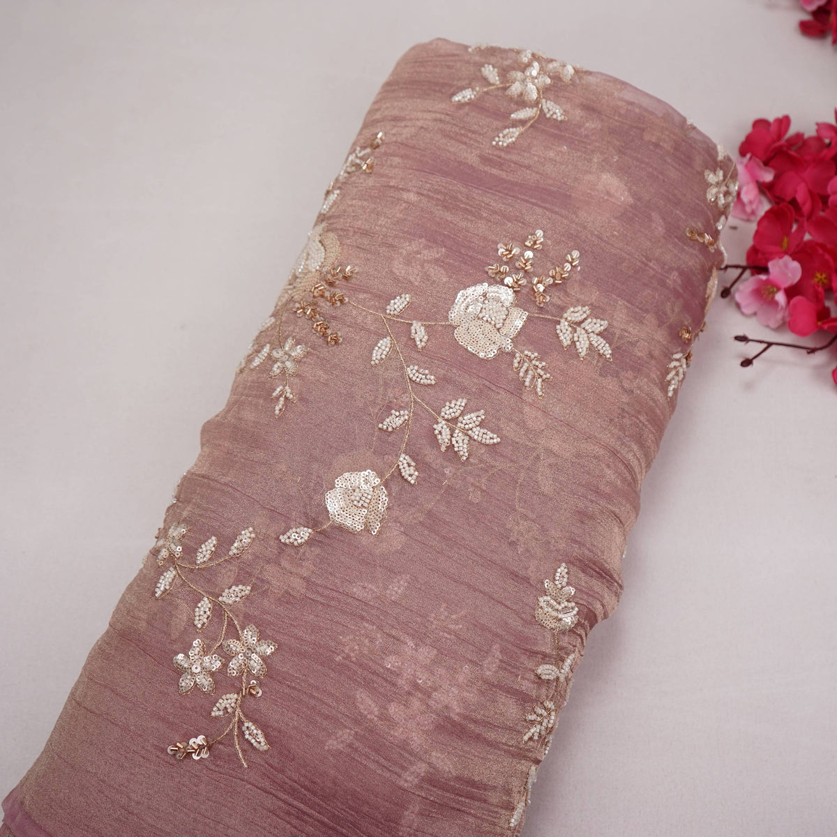 Purple Floral Cutdana Embroidery Fendi Tissue Fabric GT-35271
