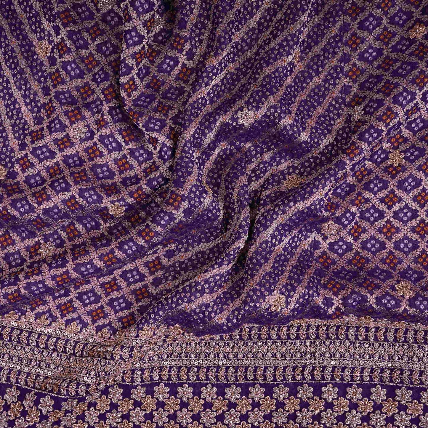 Purple Bandhani Jacquard Cutdana Embroidery Russian Silk Fabric TF-32343