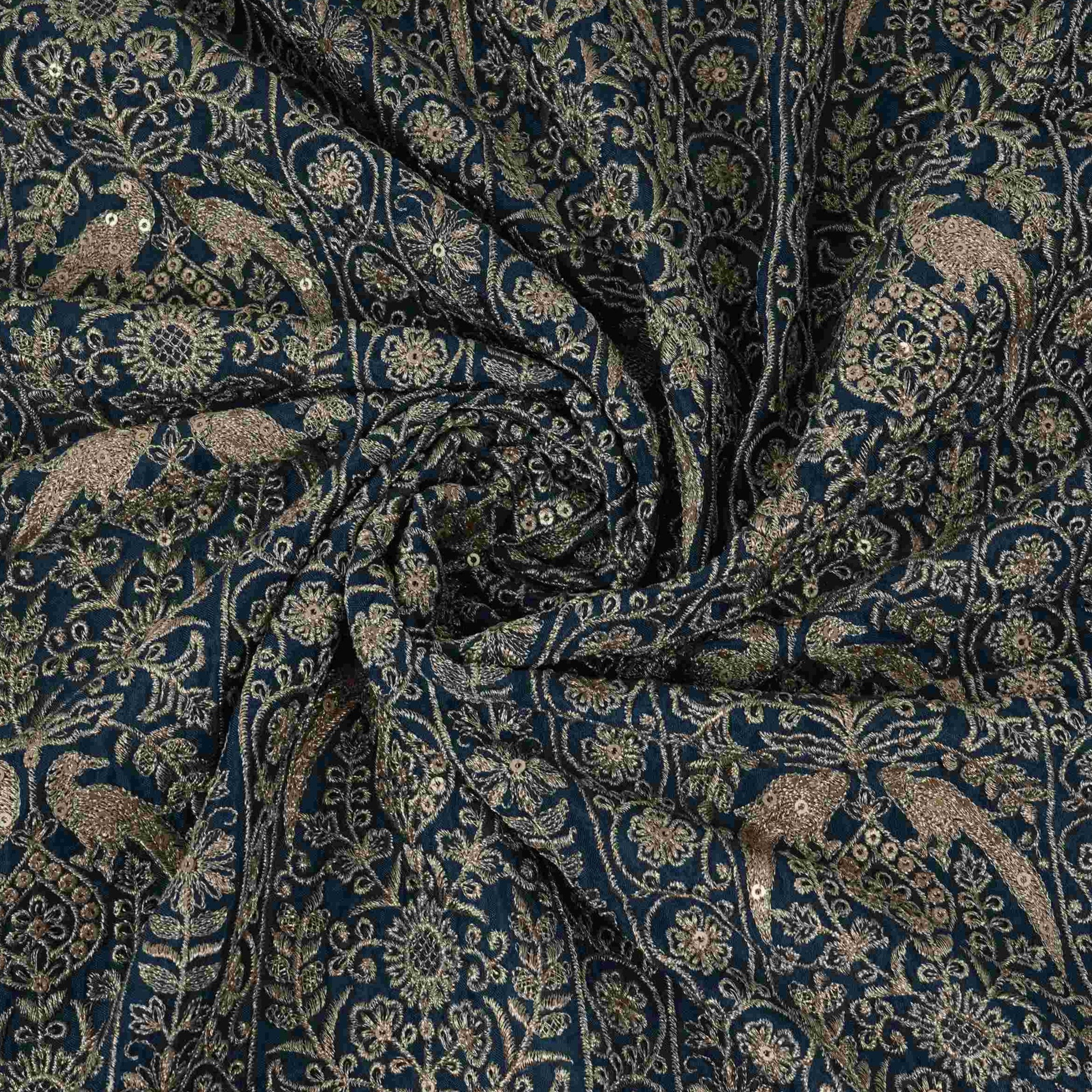 Blue Heavy Zari Sequins Embroidery Chinon Fabric DR-32399 - TradeUNO