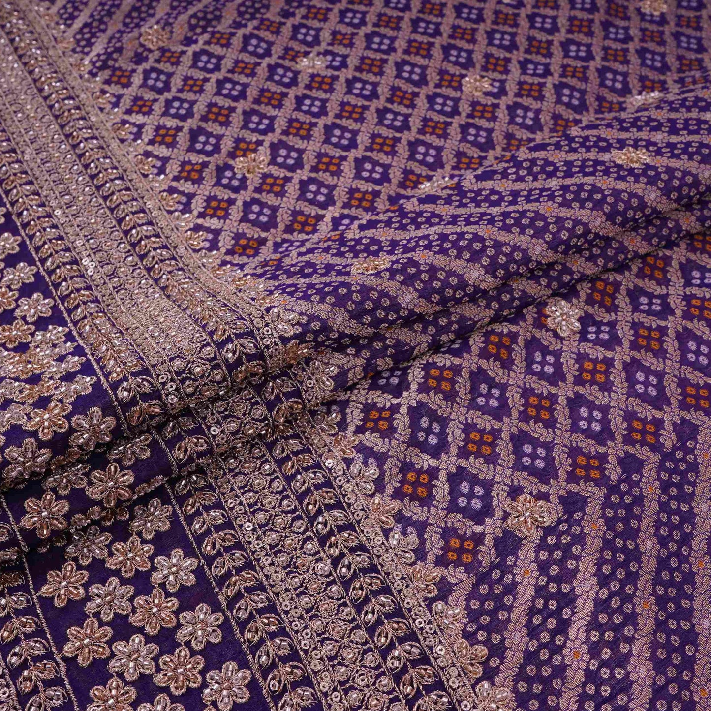 Purple Bandhani Jacquard Cutdana Embroidery Russian Silk Fabric TF-32343