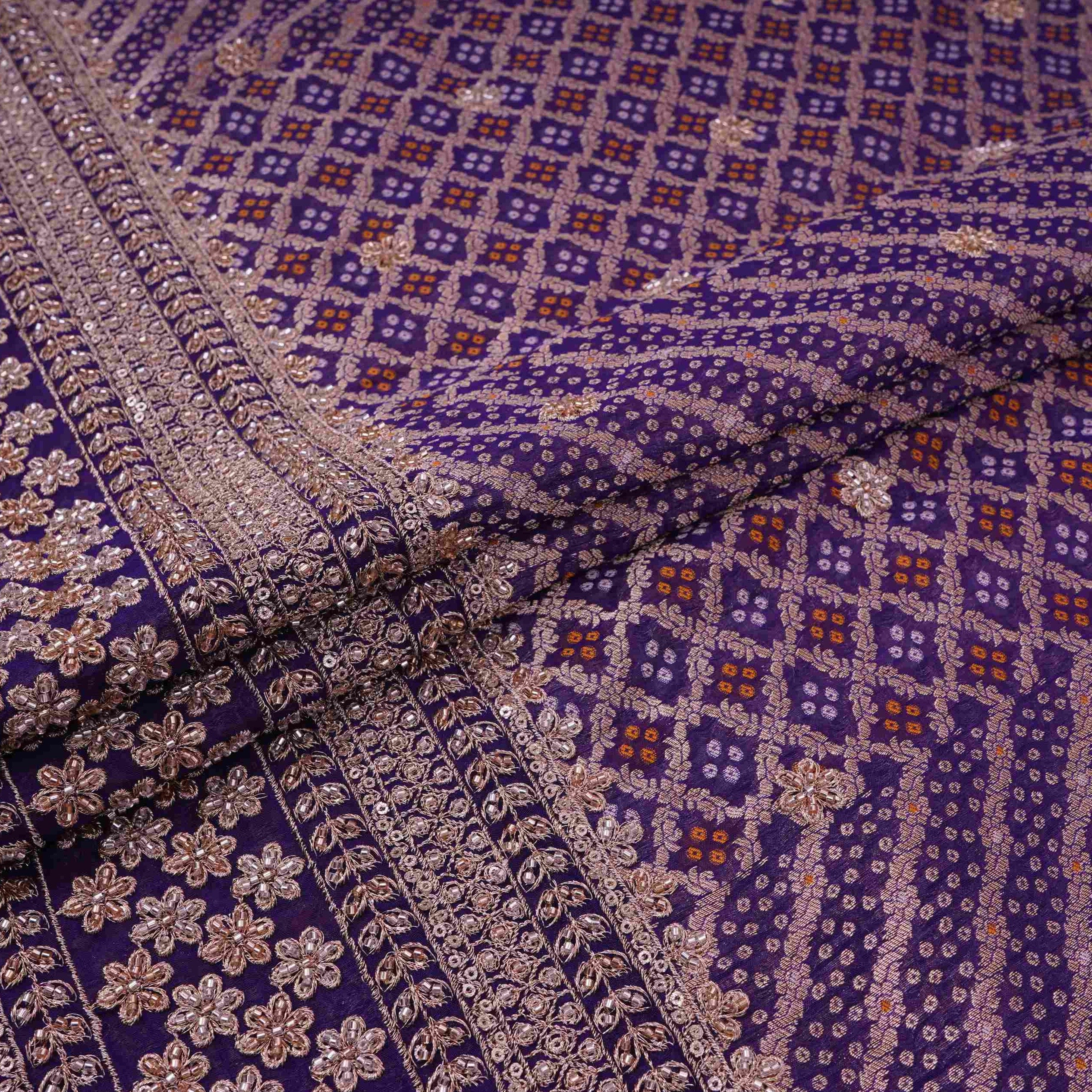 Purple Bandhani Jacquard Cutdana Embroidery Russian Silk Fabric TF-32343 - TradeUNO