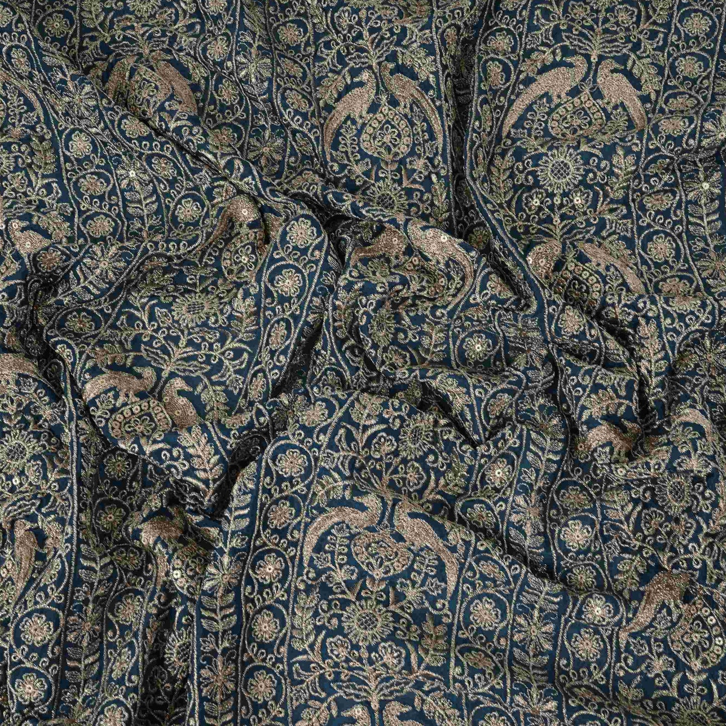 Blue Heavy Zari Sequins Embroidery Chinon Fabric DR-32399