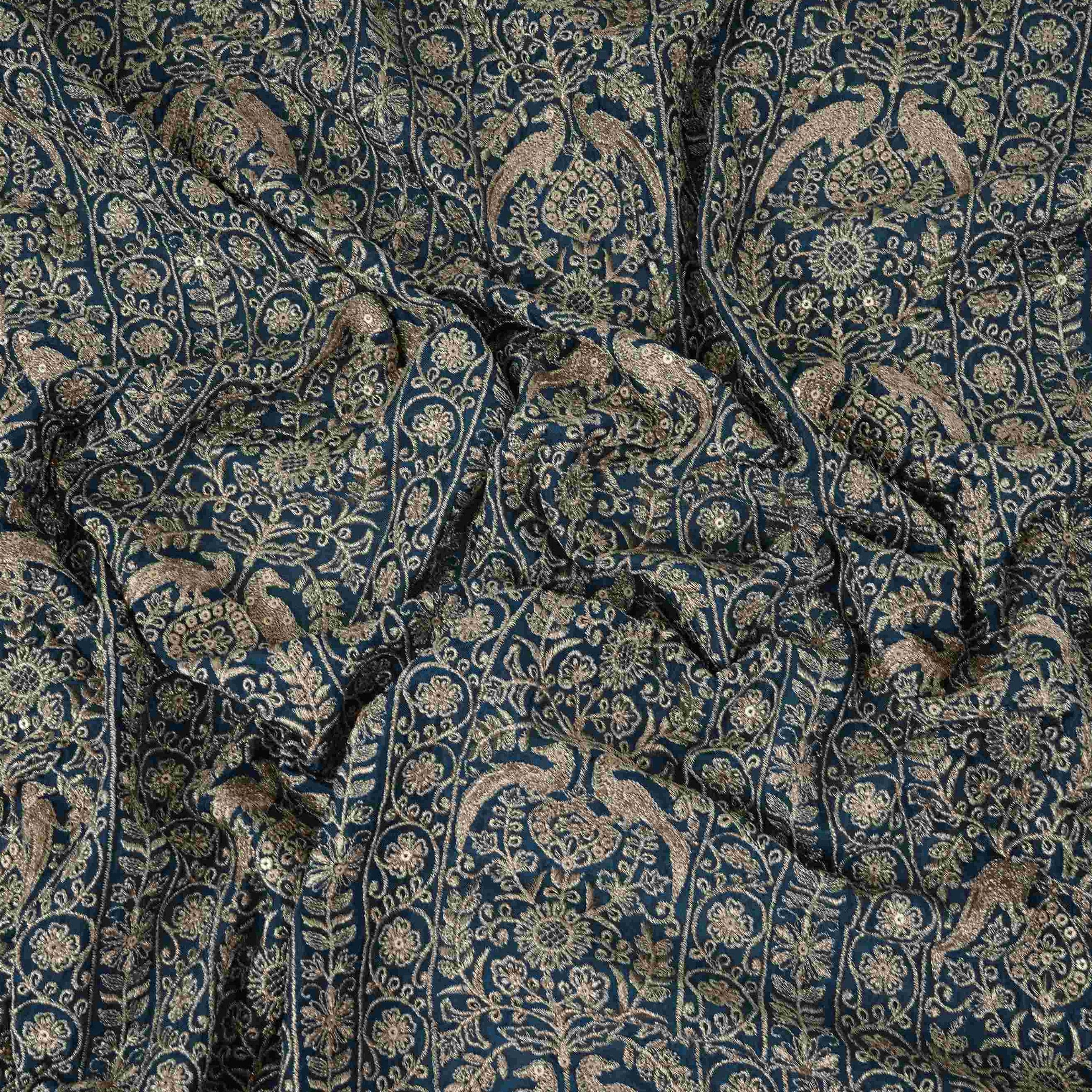 Blue Heavy Zari Sequins Embroidery Chinon Fabric DR-32399 - TradeUNO