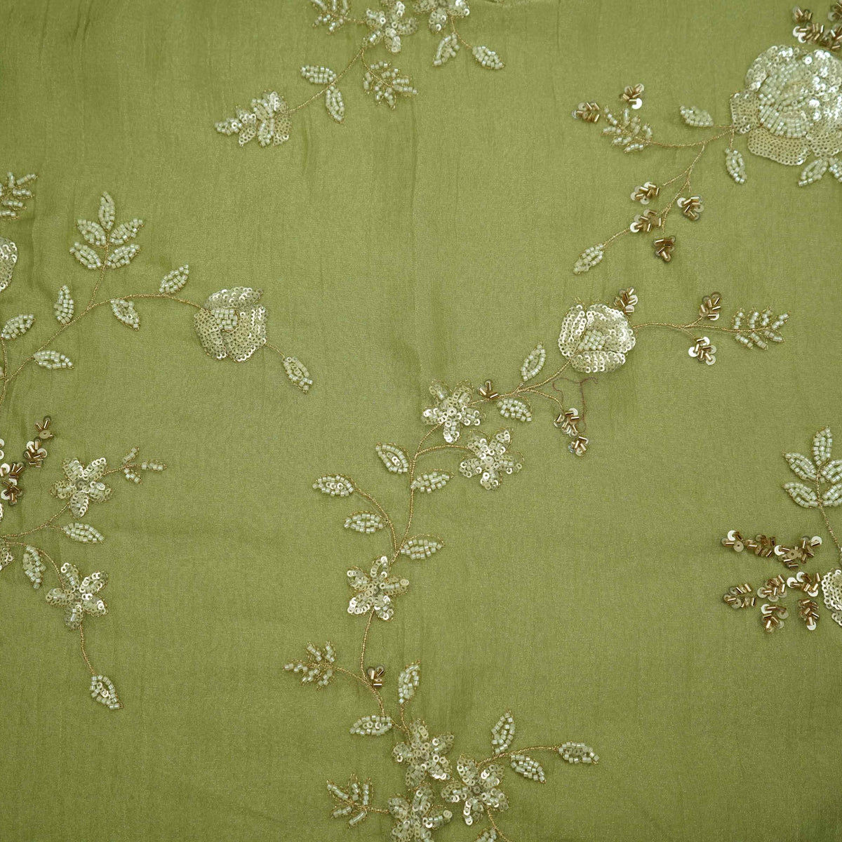 Green Floral Cutdana Embroidery Fendi Tissue Fabric GT-35272