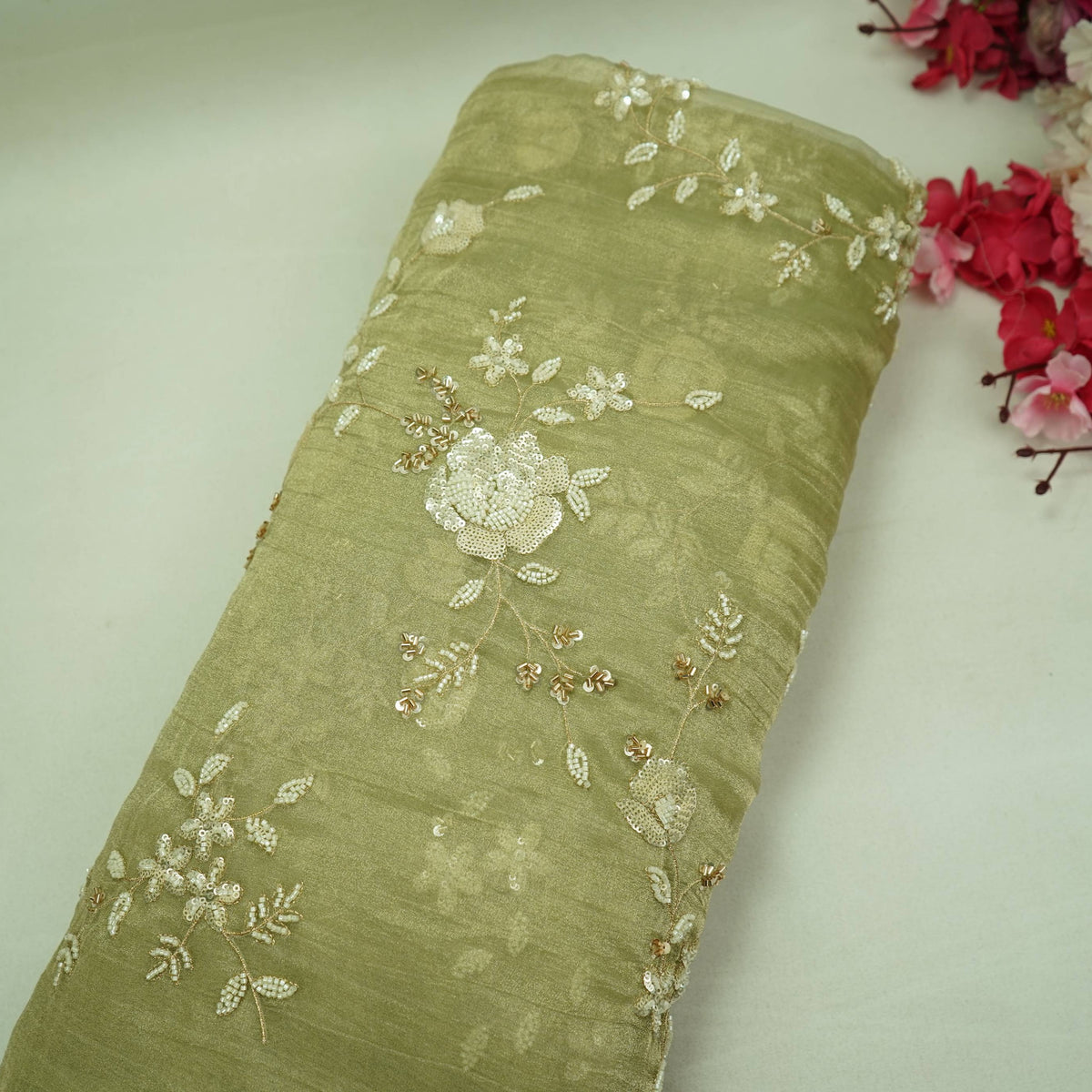 Green Floral Cutdana Embroidery Fendi Tissue Fabric GT-35272