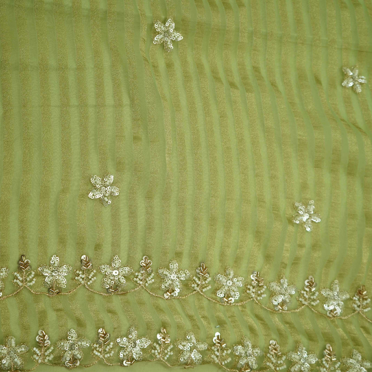 Green Floral Buti Embroidery with Stripes Fendi Tissue Fabric GT-35276