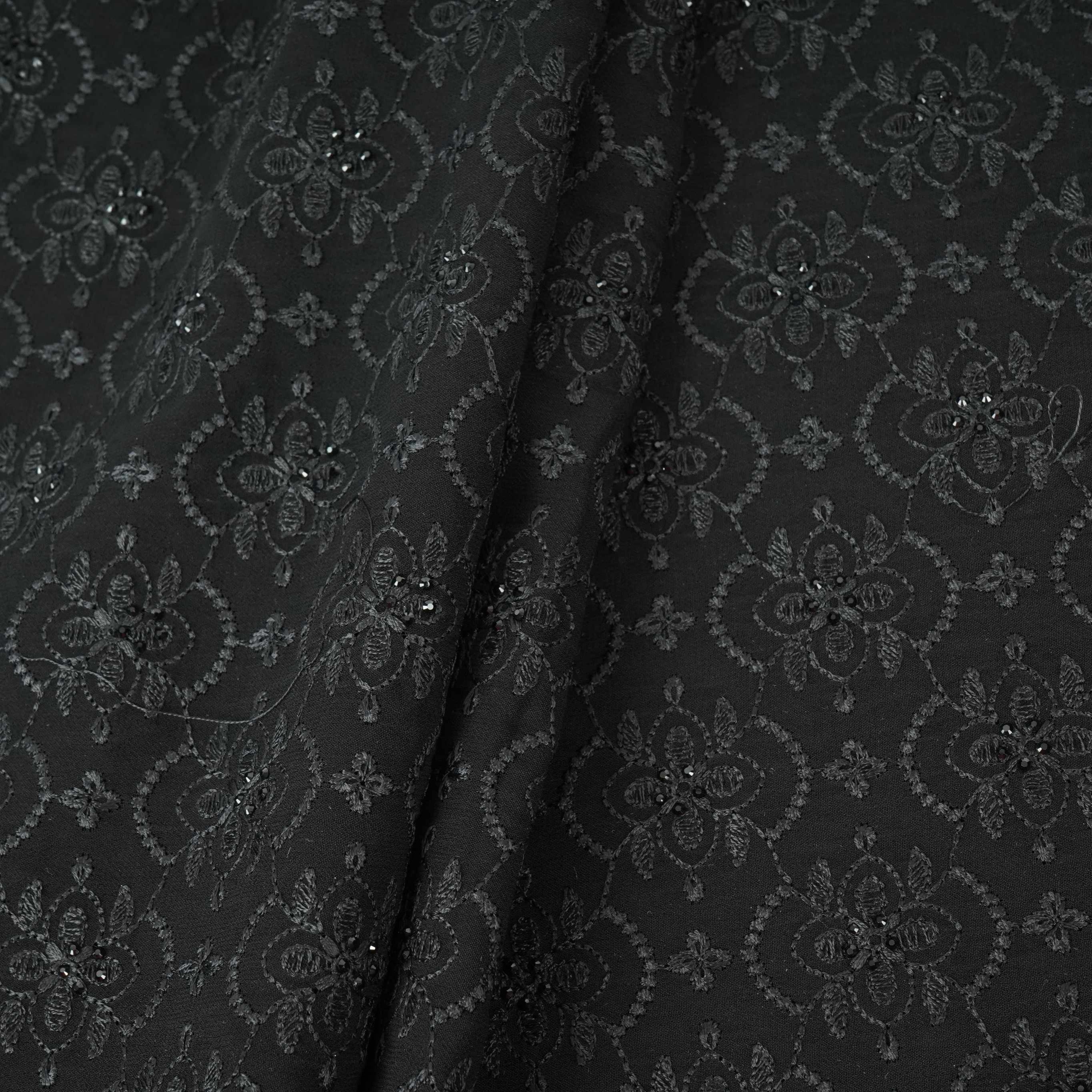 Black Chikankari Thread Embroidery Georgette Fabric DR-32408 - TradeUNO