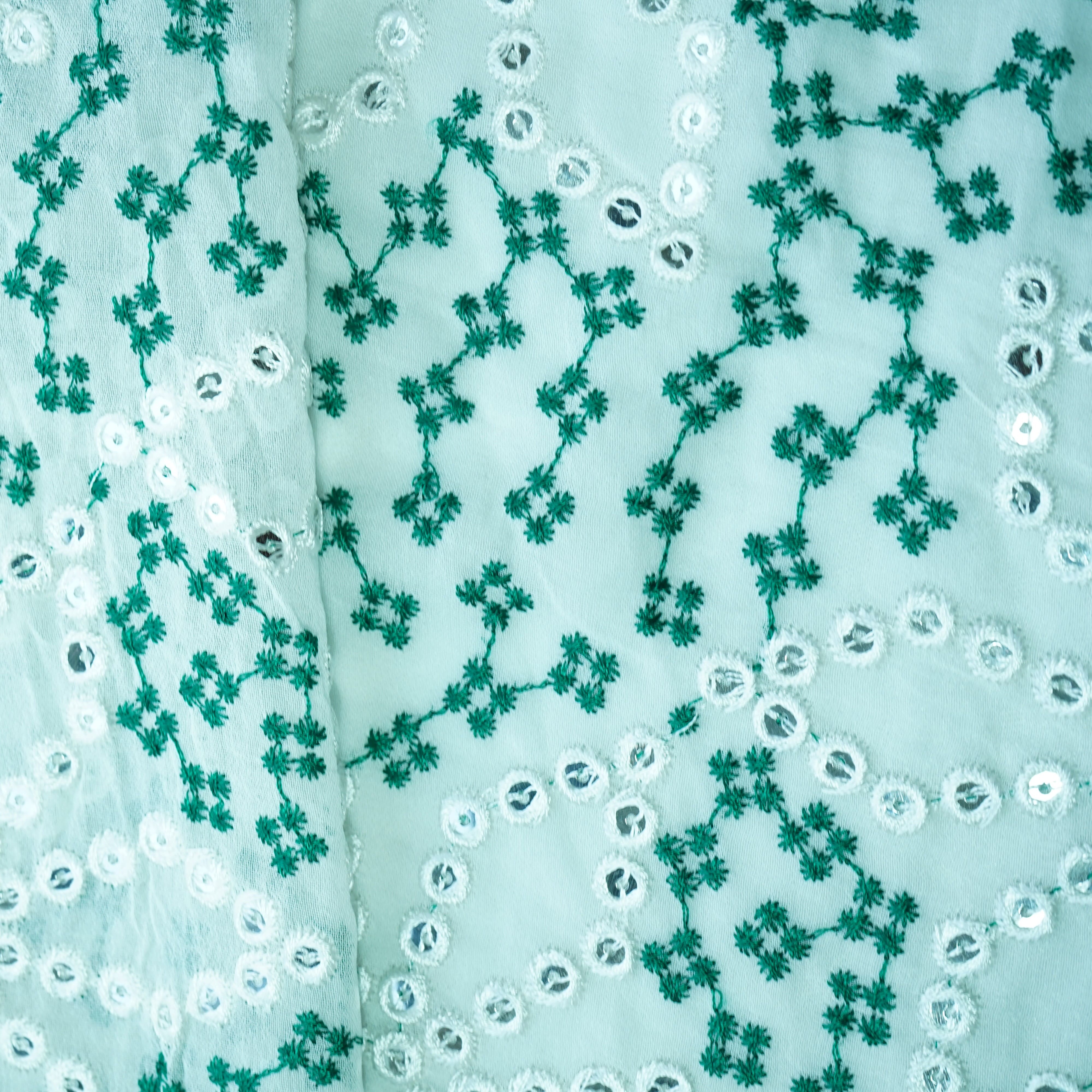 Off White Green Thread Embroidery Georgette Fabric