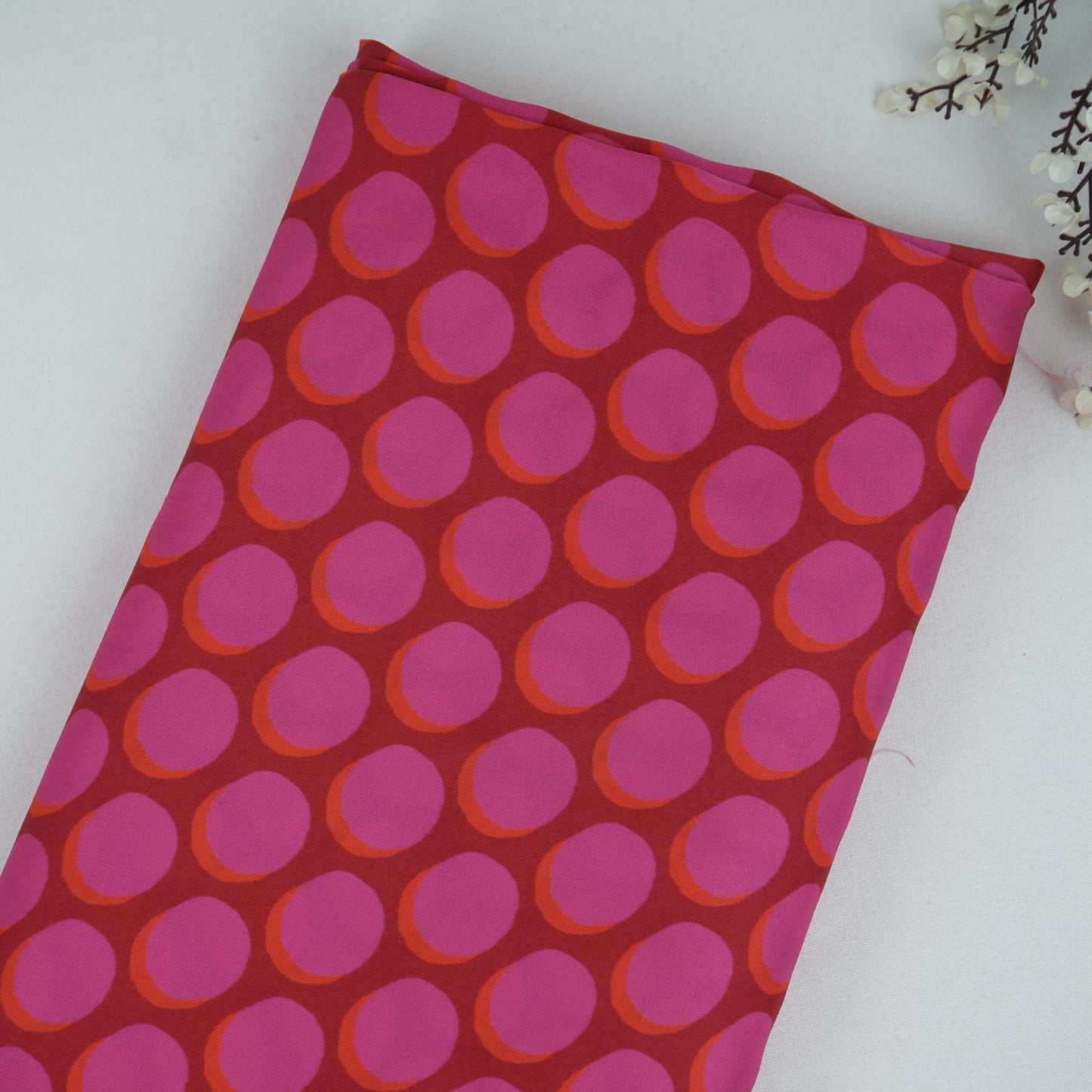 Blue & Peach Polka Dot Twill Satin Fabric VP-32443