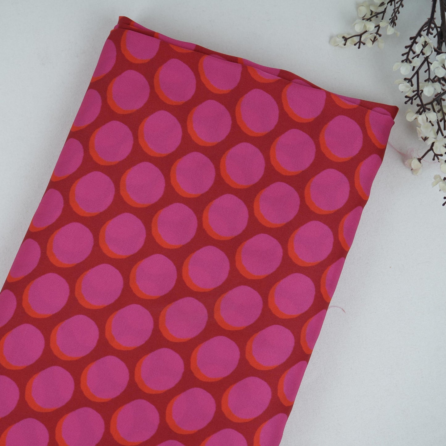 Maroon & Pink Polka Dot Twill Satin Fabric VP-32440