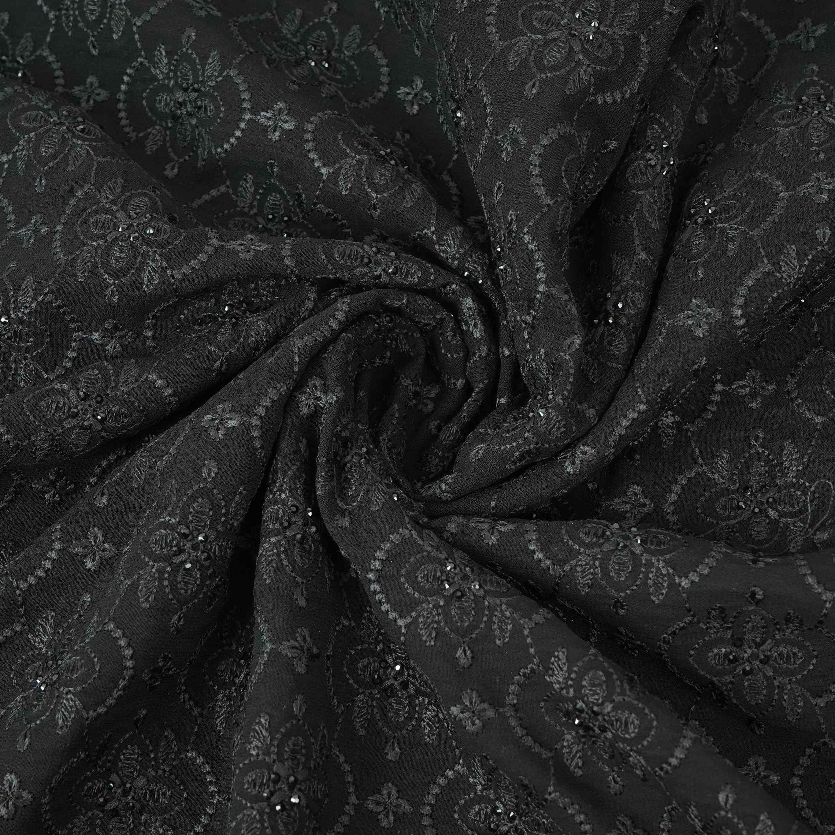 Black Chikankari Thread Embroidery Georgette Fabric DR-32408 - TradeUNO